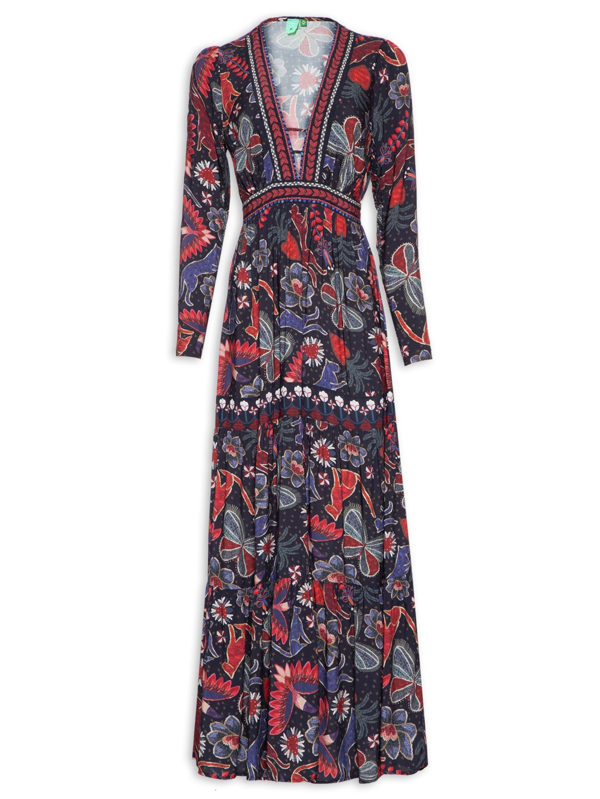 Vestido Longo Manga Brilho Tropical - Azul