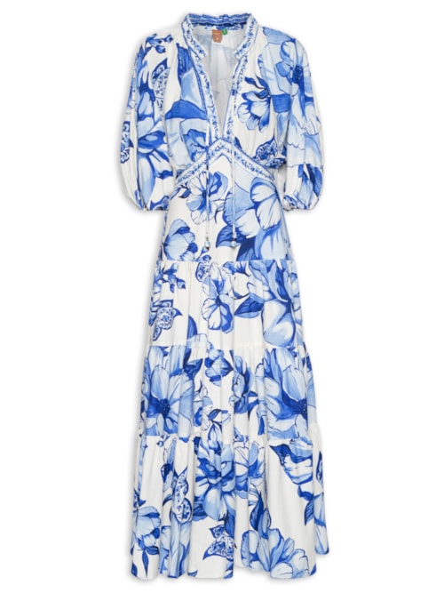 Vestido Longo Manga Chita Porcelana - Azul