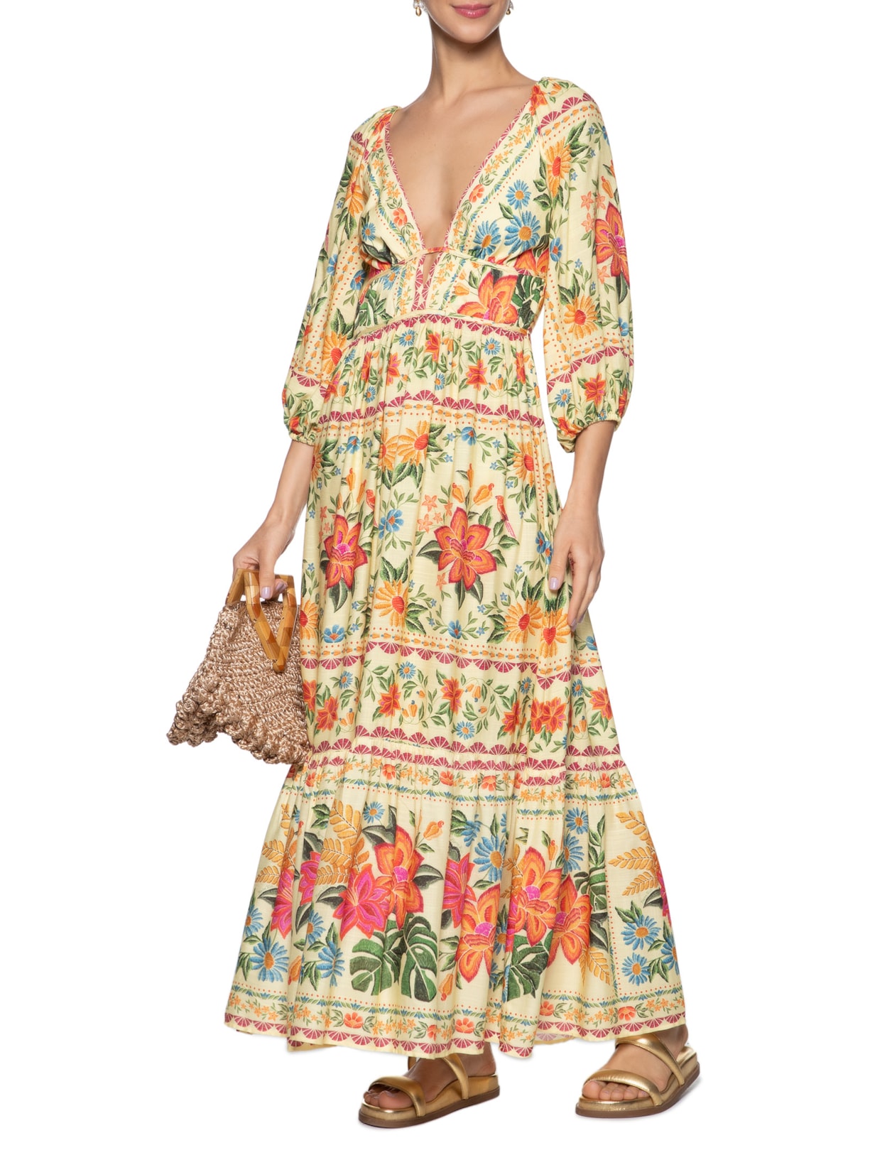 Floral Vestido Farm Manga Longa Farm Vestido Longo Manga