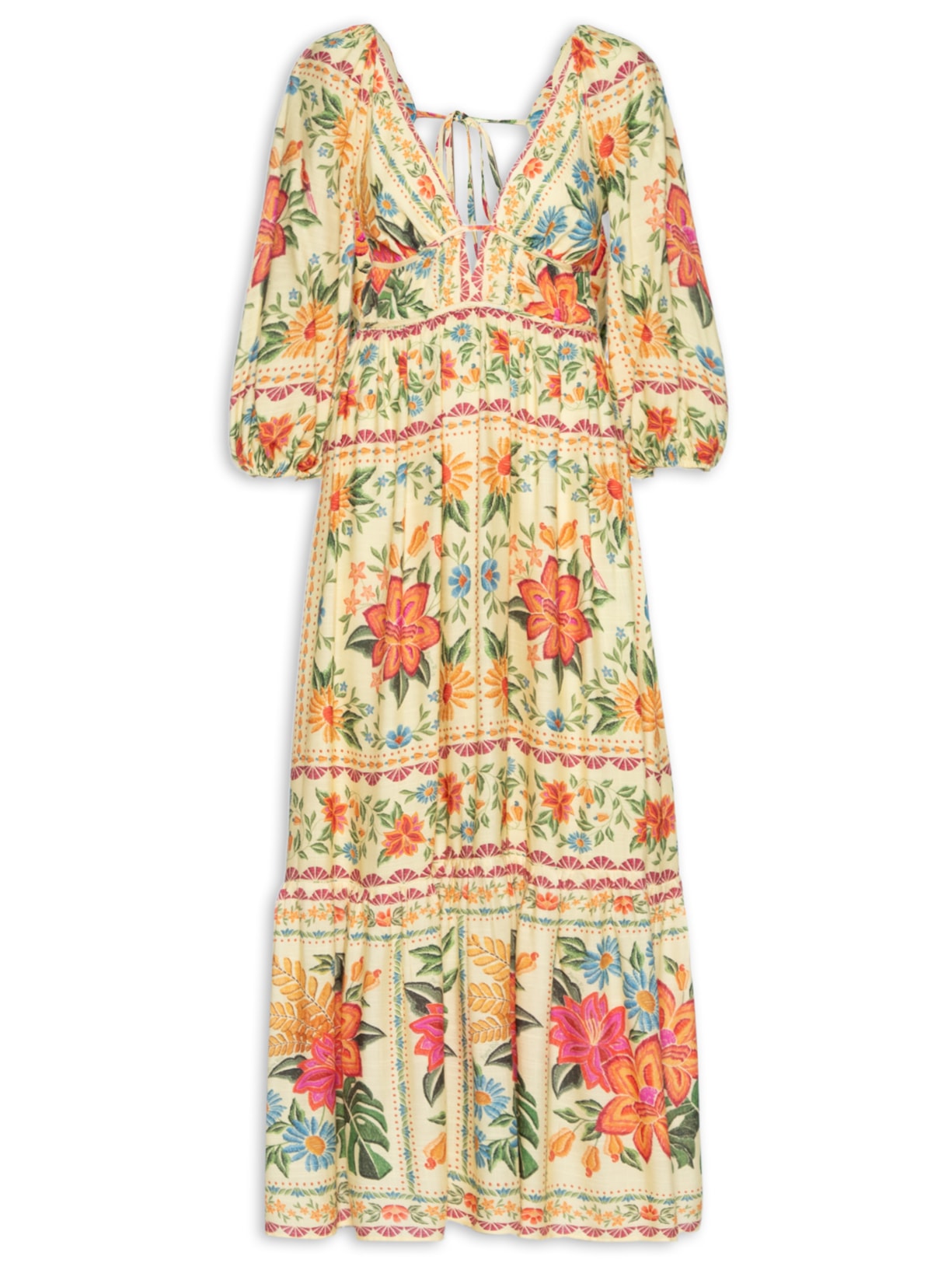 Vestido Longo Manga Delicadeza Em Flor - Amarelo