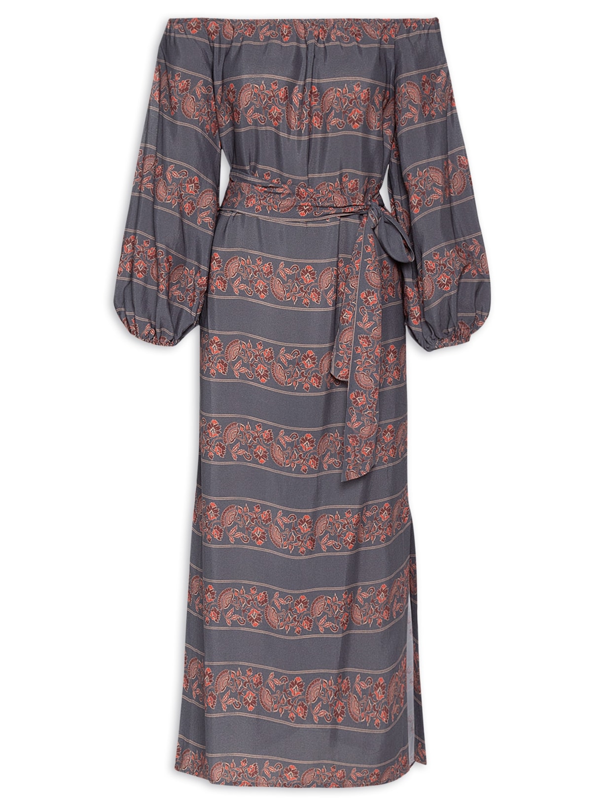 Vestido Longo Manga Estampa Ava Galão - Cinza