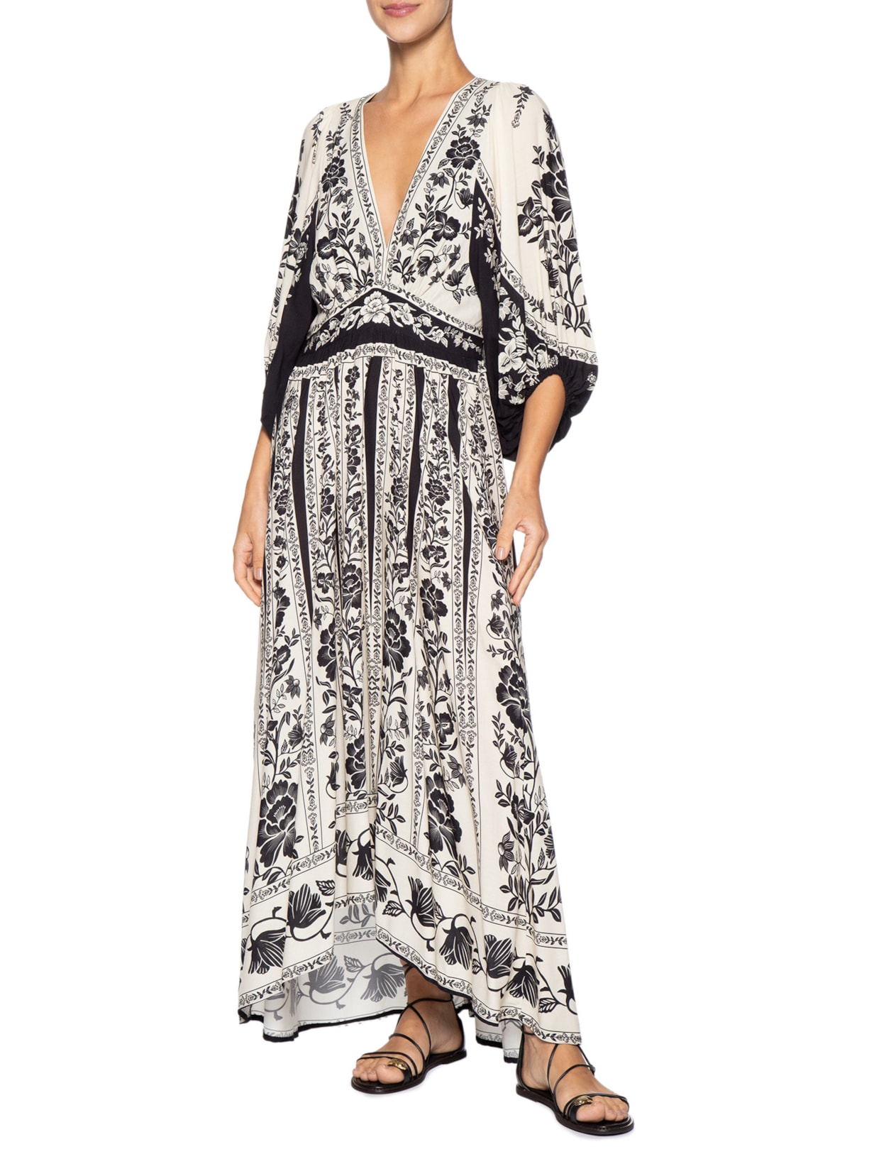 Vestido Longo Manga Floral Delicado Preto Farm