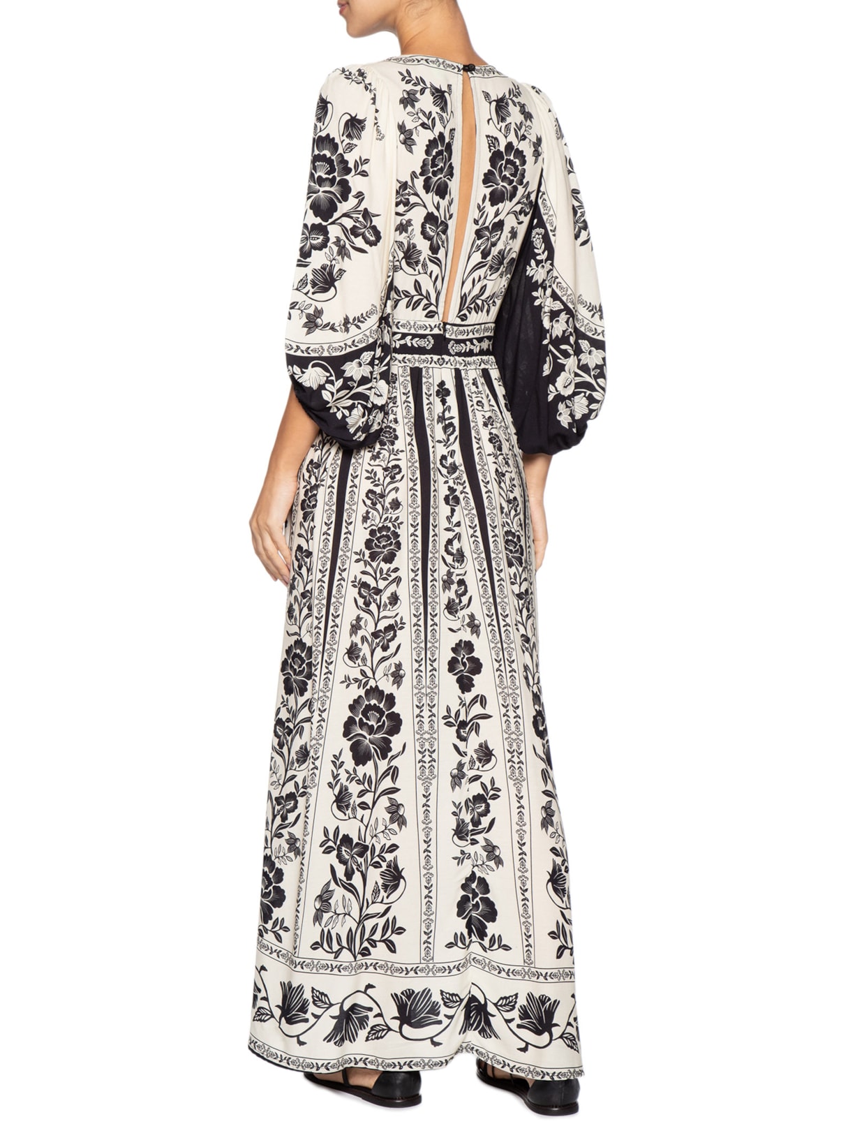 Vestido Longo Manga Floral Delicado Preto Farm