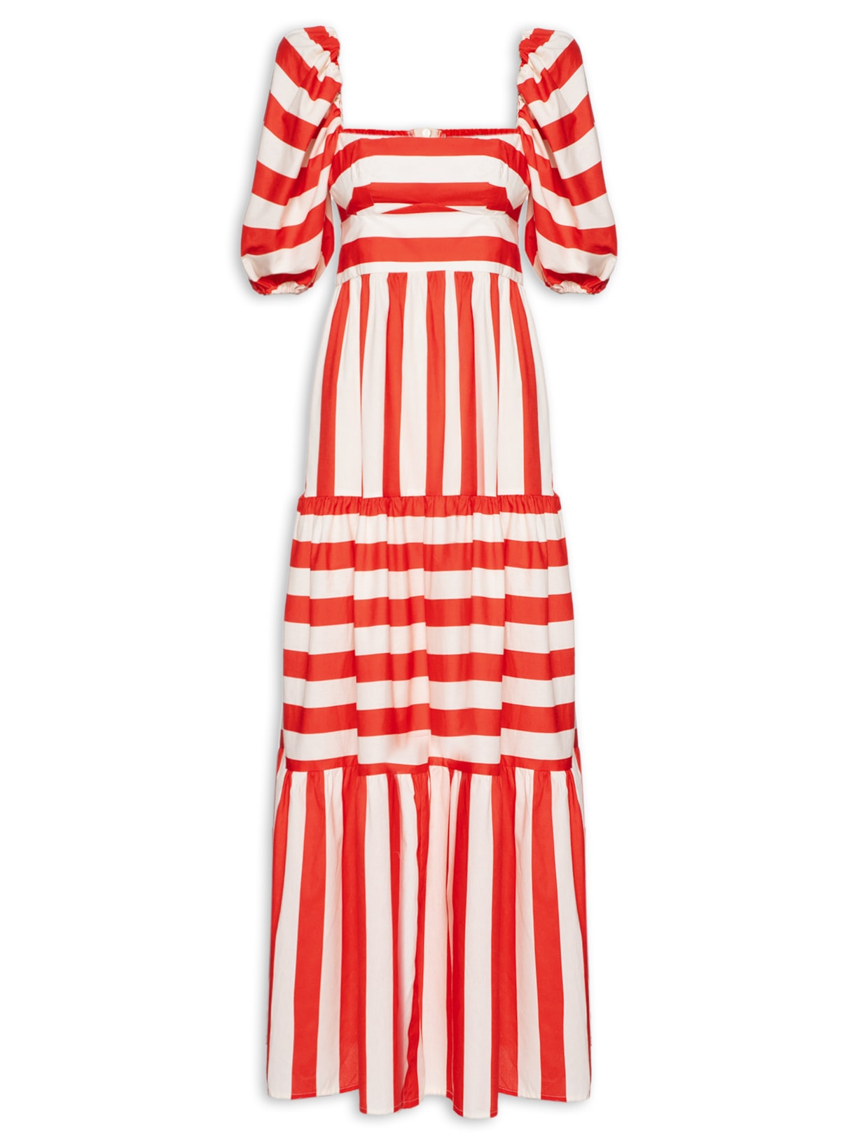 Vestido Longo Mangas Listras - Vermelho