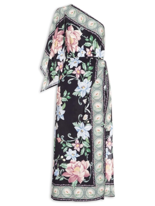 Vestido Longo Ombro Só Flor de Outono - Preto