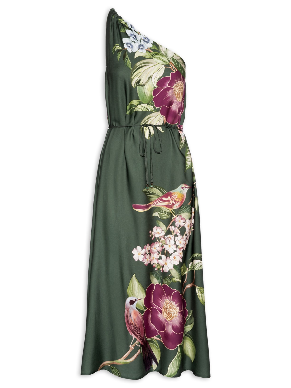 Vestido Longo Ombro Só Flor De Pássaro - Verde