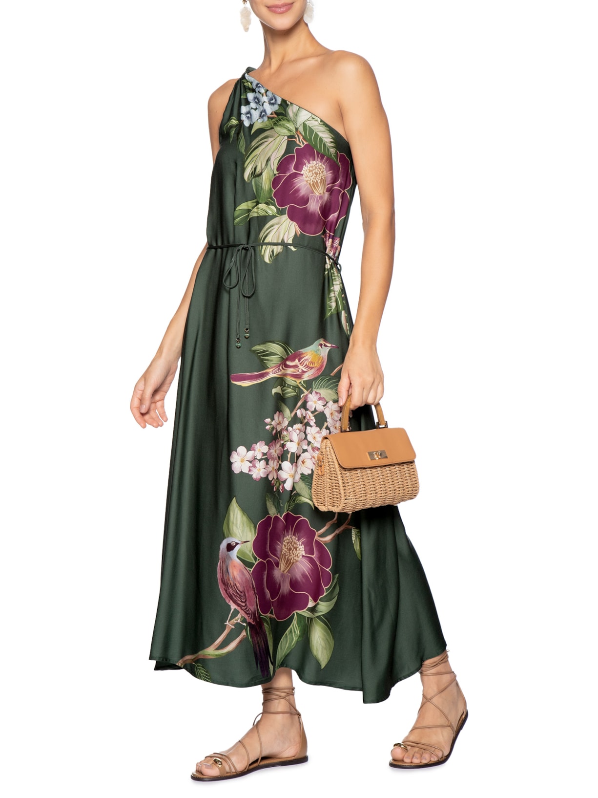 Vestido Longo Ombro Só Flor De Pássaro Verde Farm