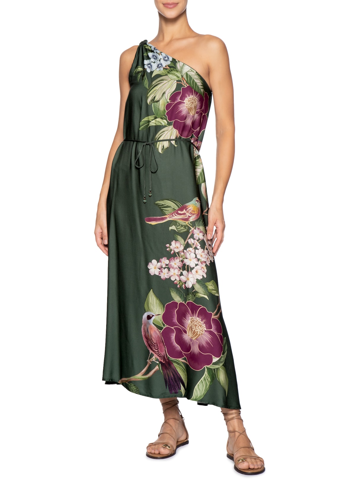 Vestido Longo Ombro Só Flor De Pássaro Verde Farm