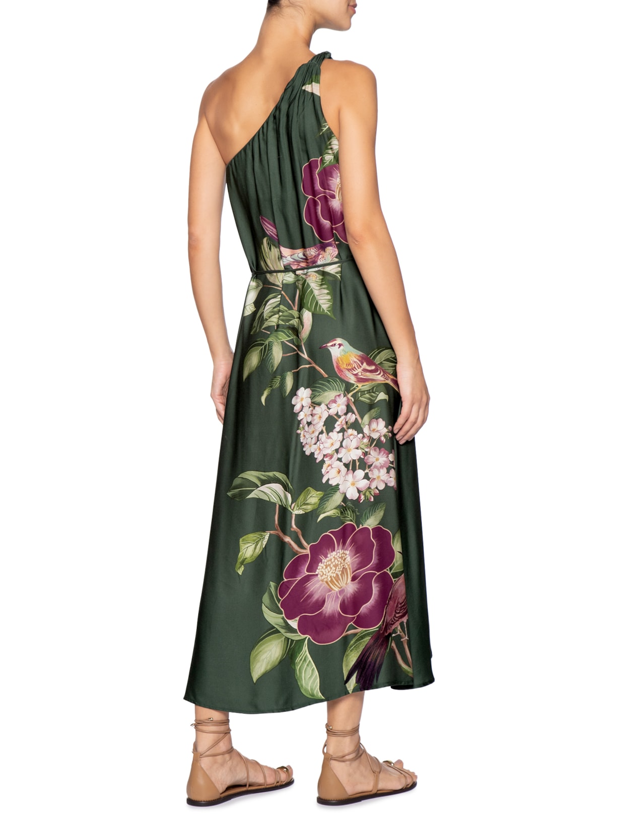 Vestido Longo Ombro Só Flor De Pássaro Verde Farm