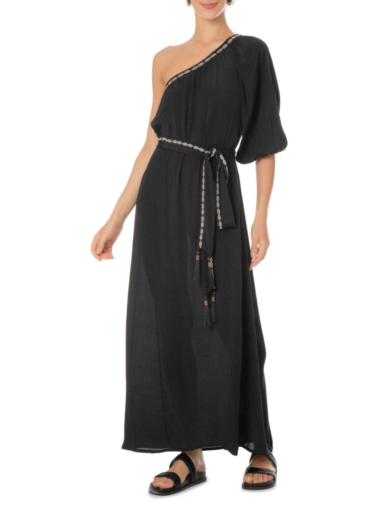 Vestido Longo Ombro único Bordado Preto Maria Filó