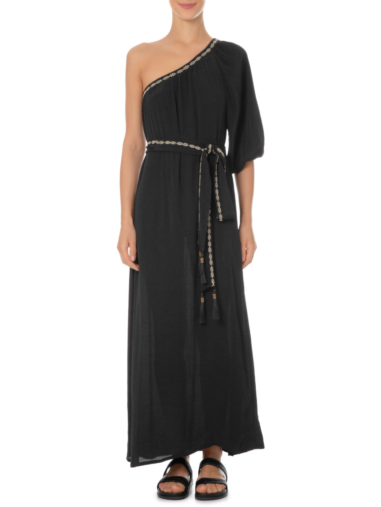 Vestido Longo Ombro único Bordado Preto Maria Filó