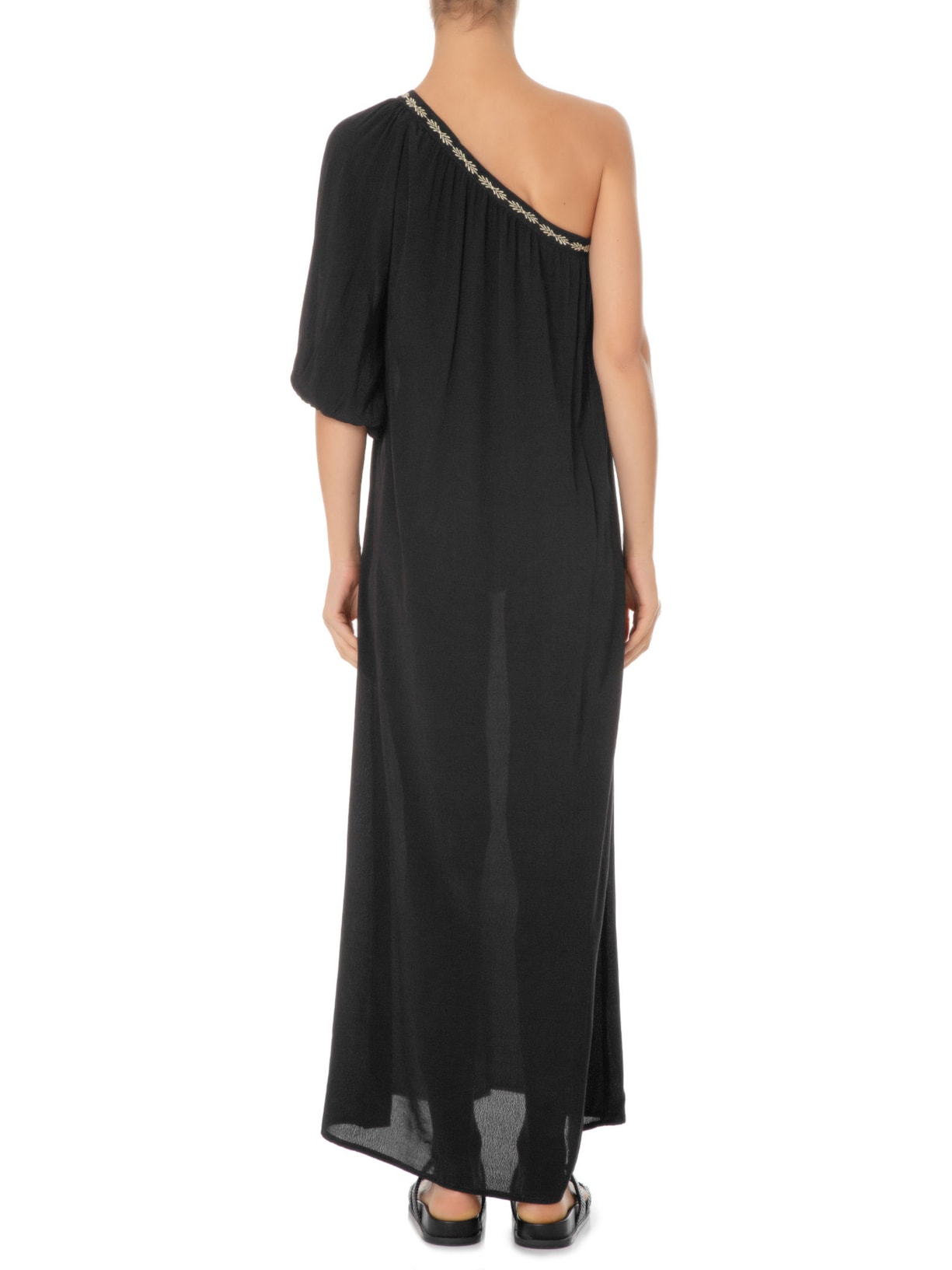 Vestido Longo Ombro único Bordado Preto Maria Filó