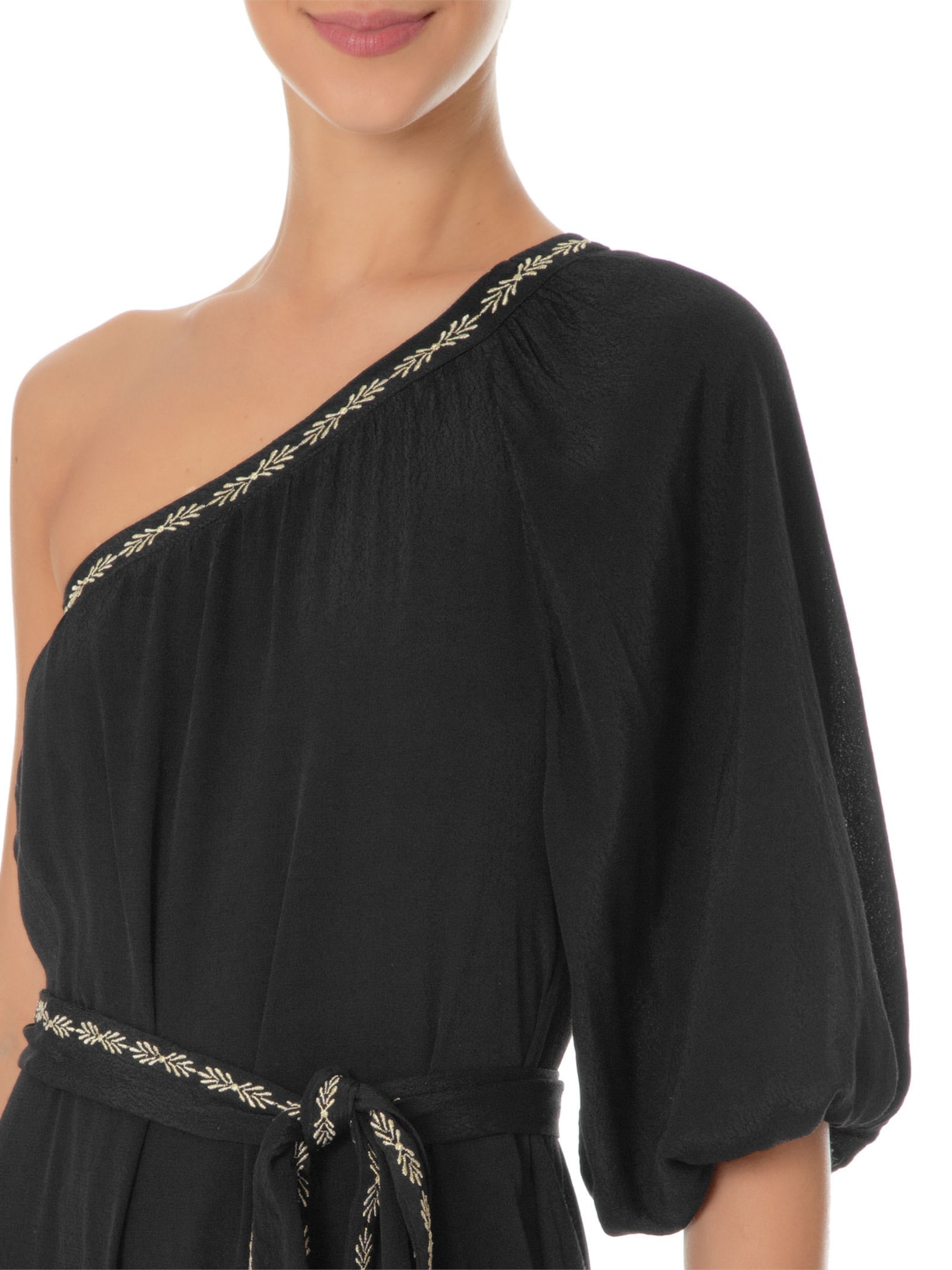 Vestido Longo Ombro único Bordado Preto Maria Filó