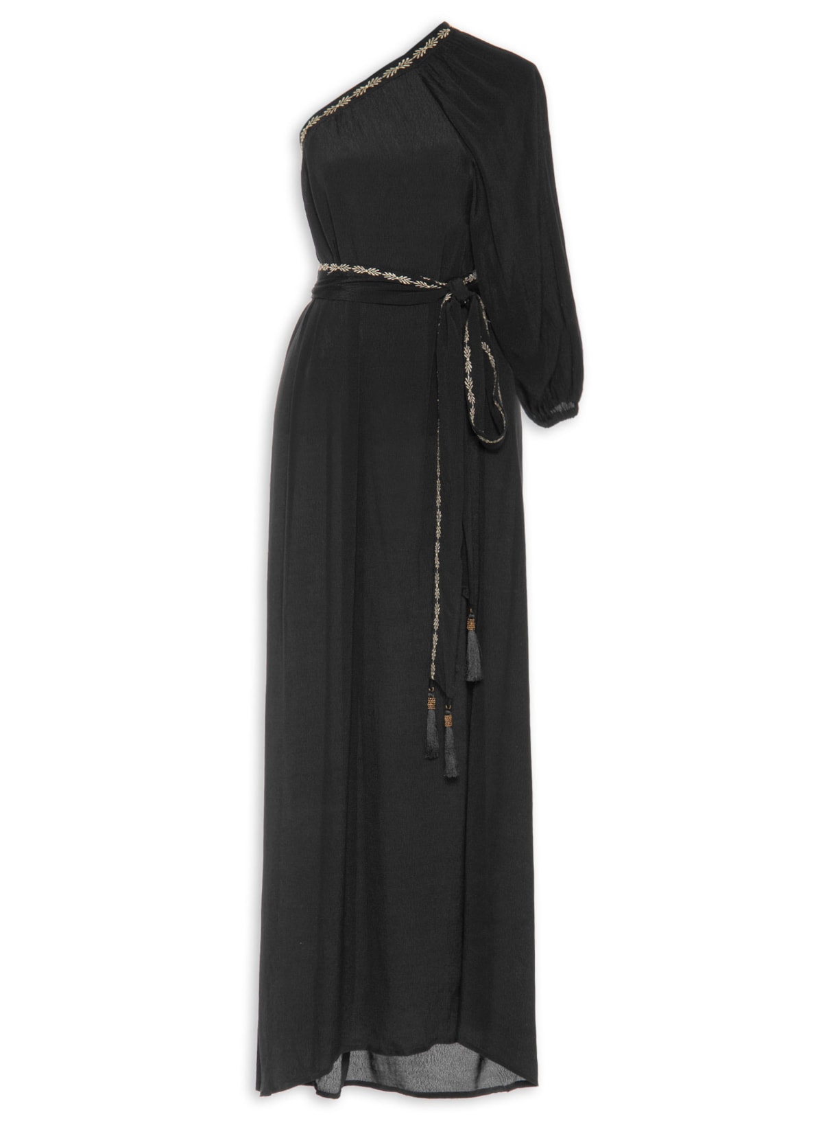 Vestido Longo Ombro único Bordado - Preto