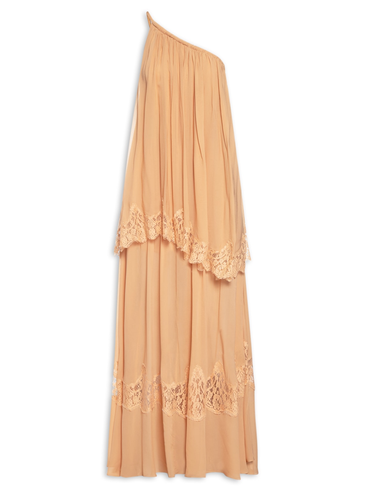 Vestido Longo Ombro único Renda Vazada - Bege