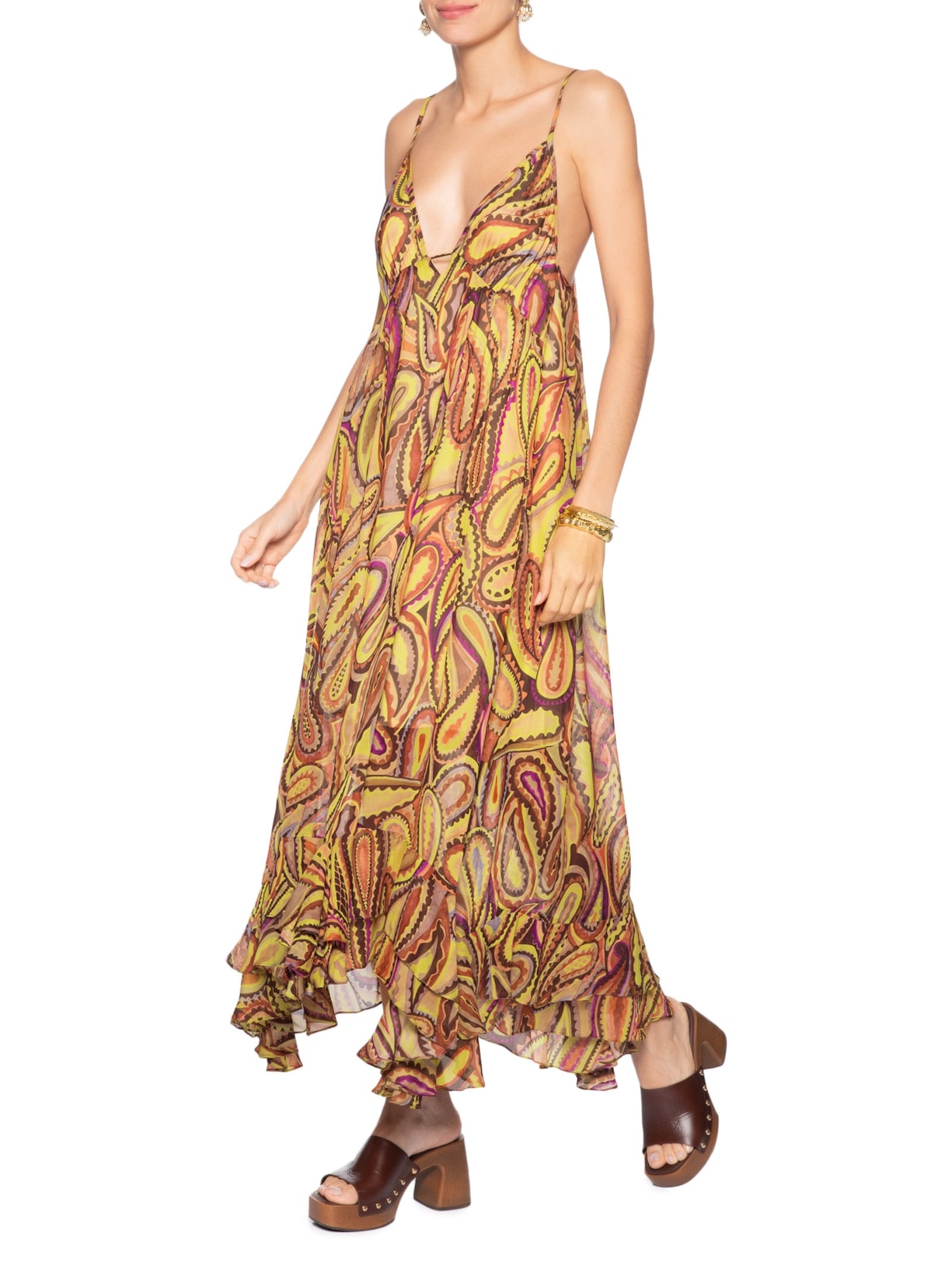 Vestido Longo Paisley Anna Rosa Verde Animale