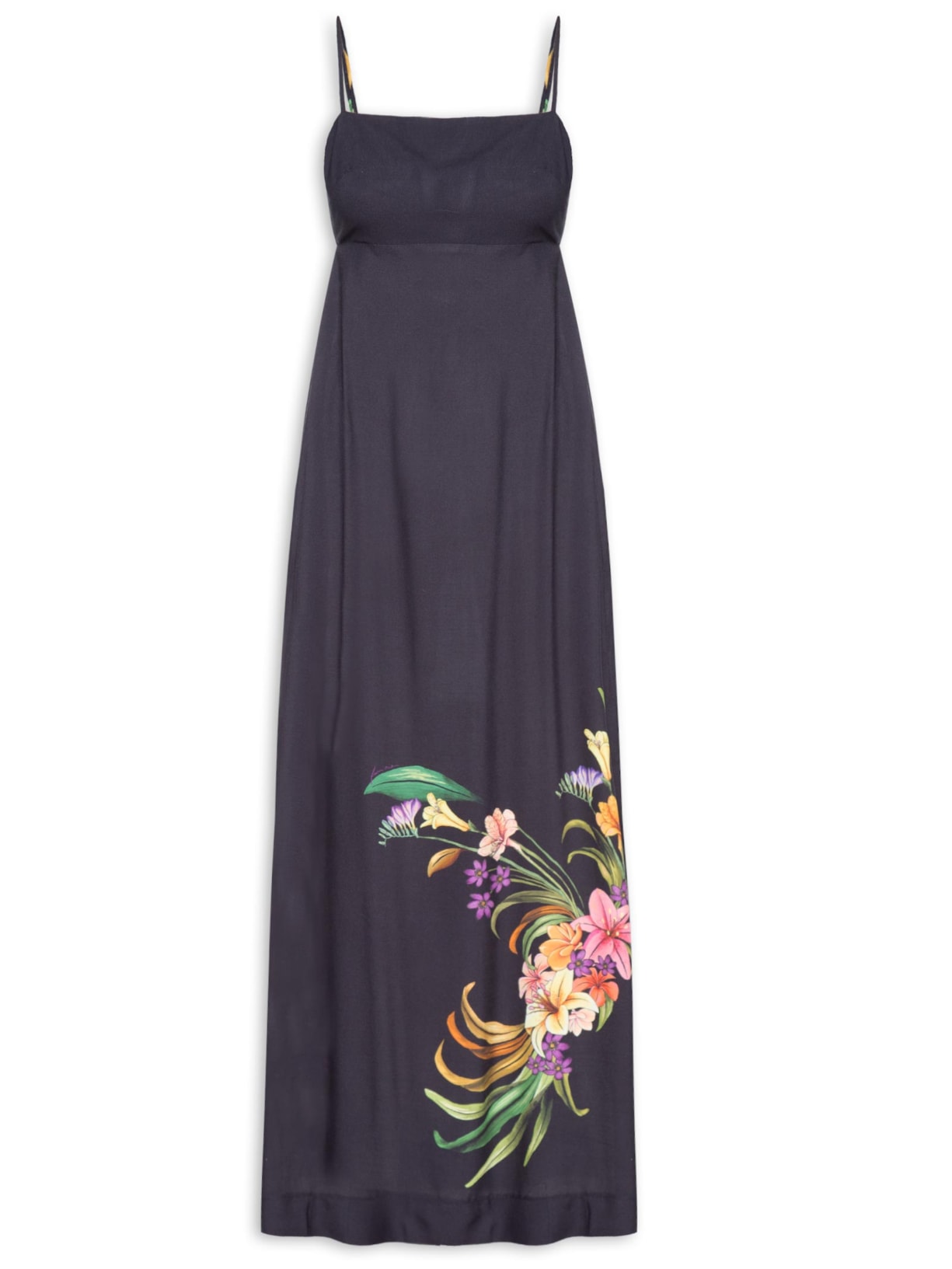 Vestido Longo Pássaro Em Flor Localizado - Preto