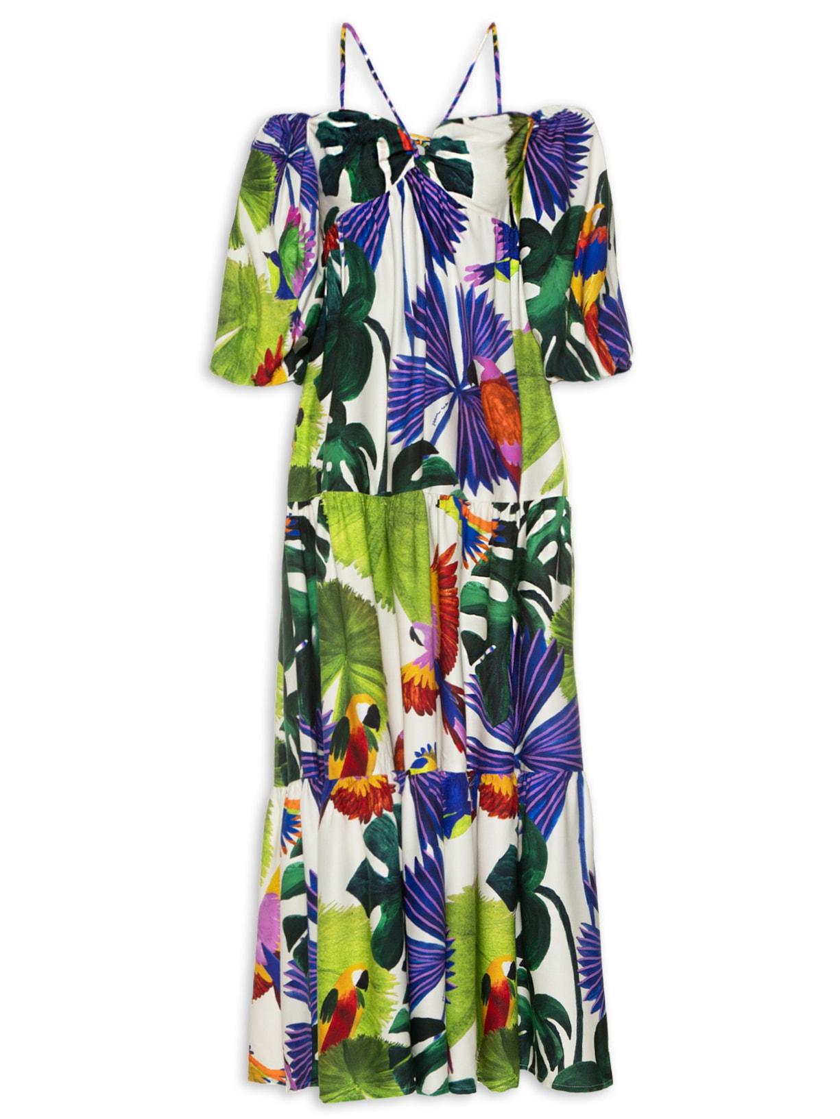 Vestido Longo Pássaros Pintados - Branco