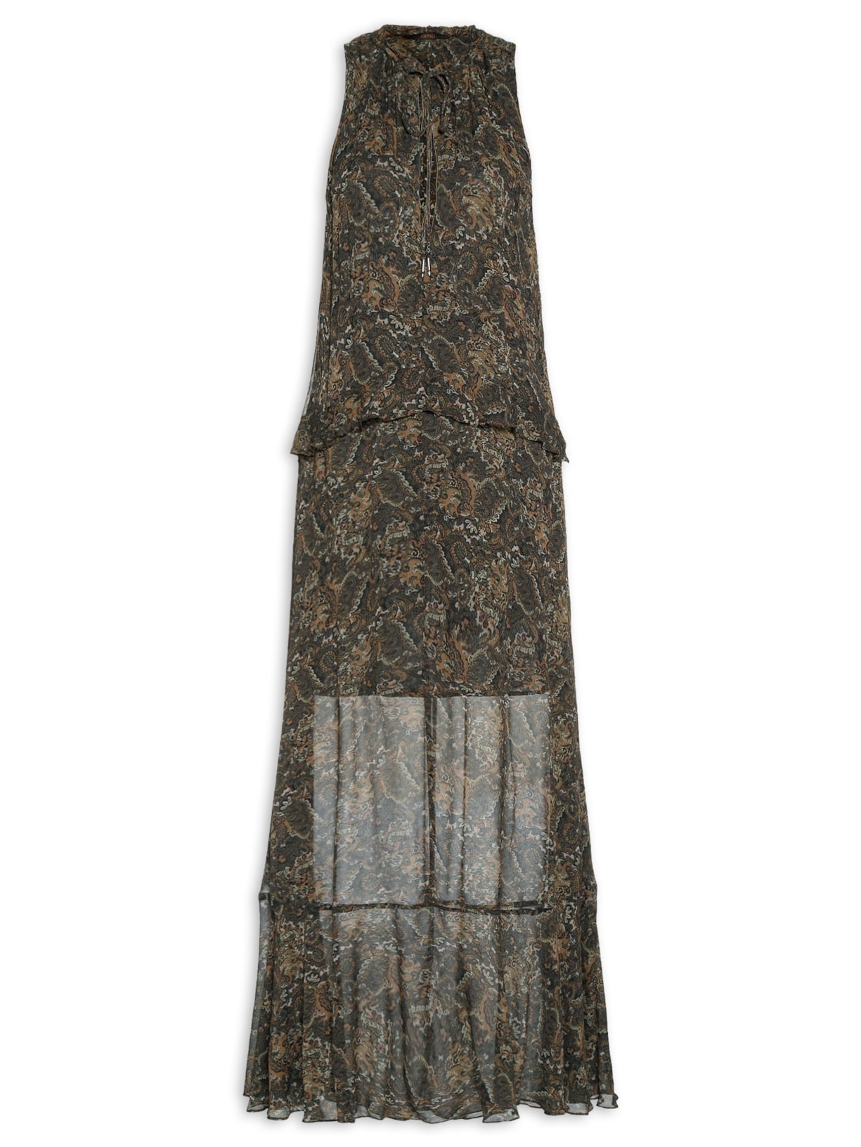 Vestido Longo Recorte Babado Paisley Verde Animale