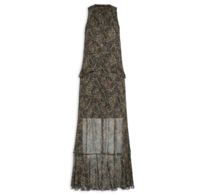 Vestido Longo Recorte Babado Paisley - Verde