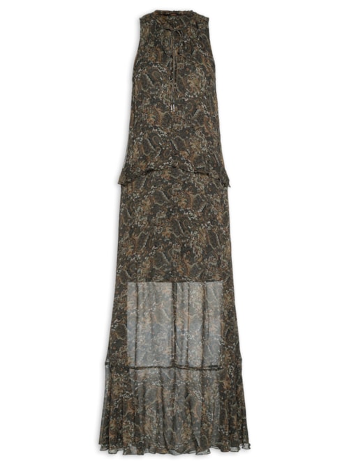 Vestido Longo Recorte Babado Paisley - Verde