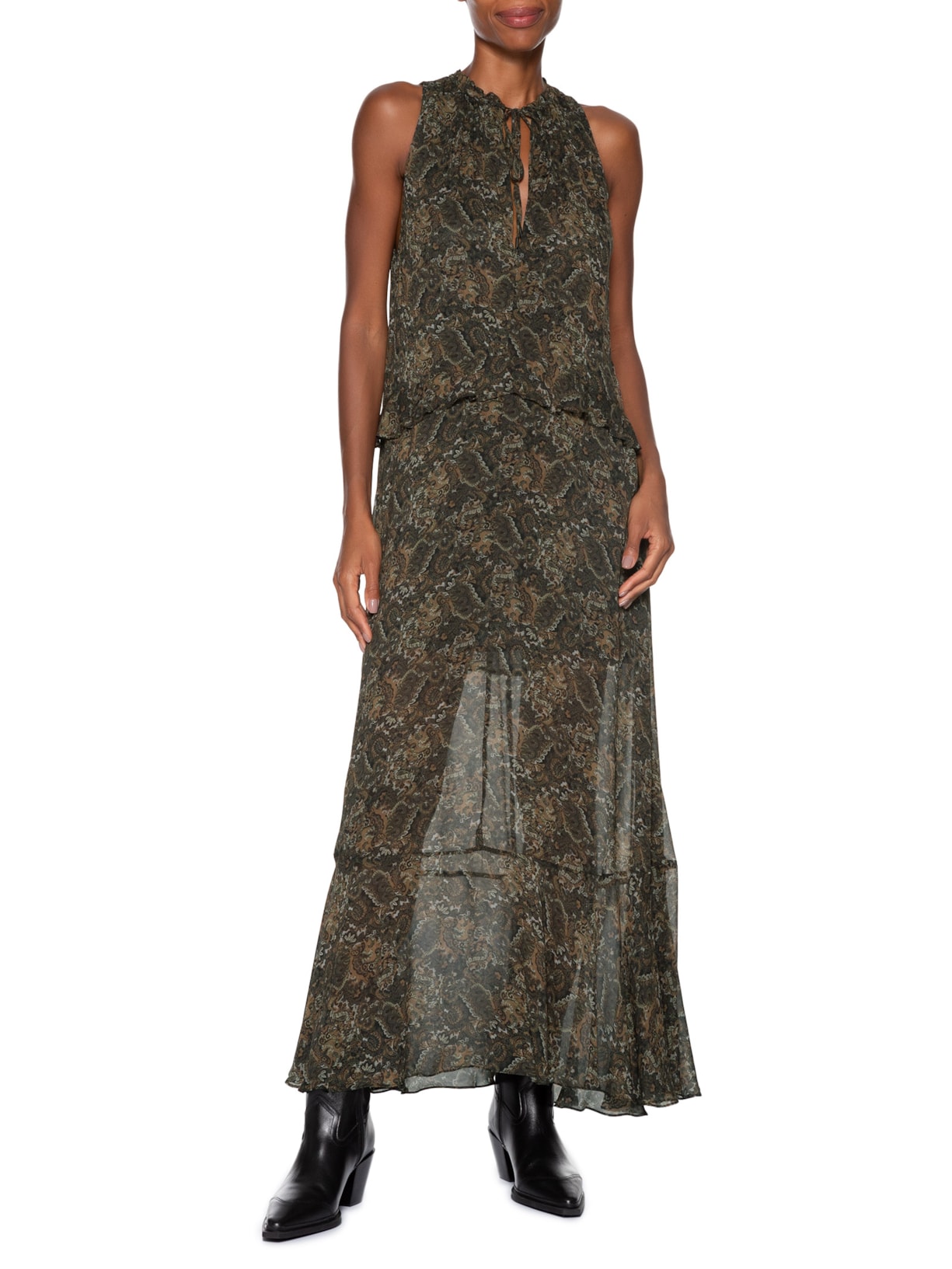 Vestido Longo Recorte Babado Paisley Verde Animale