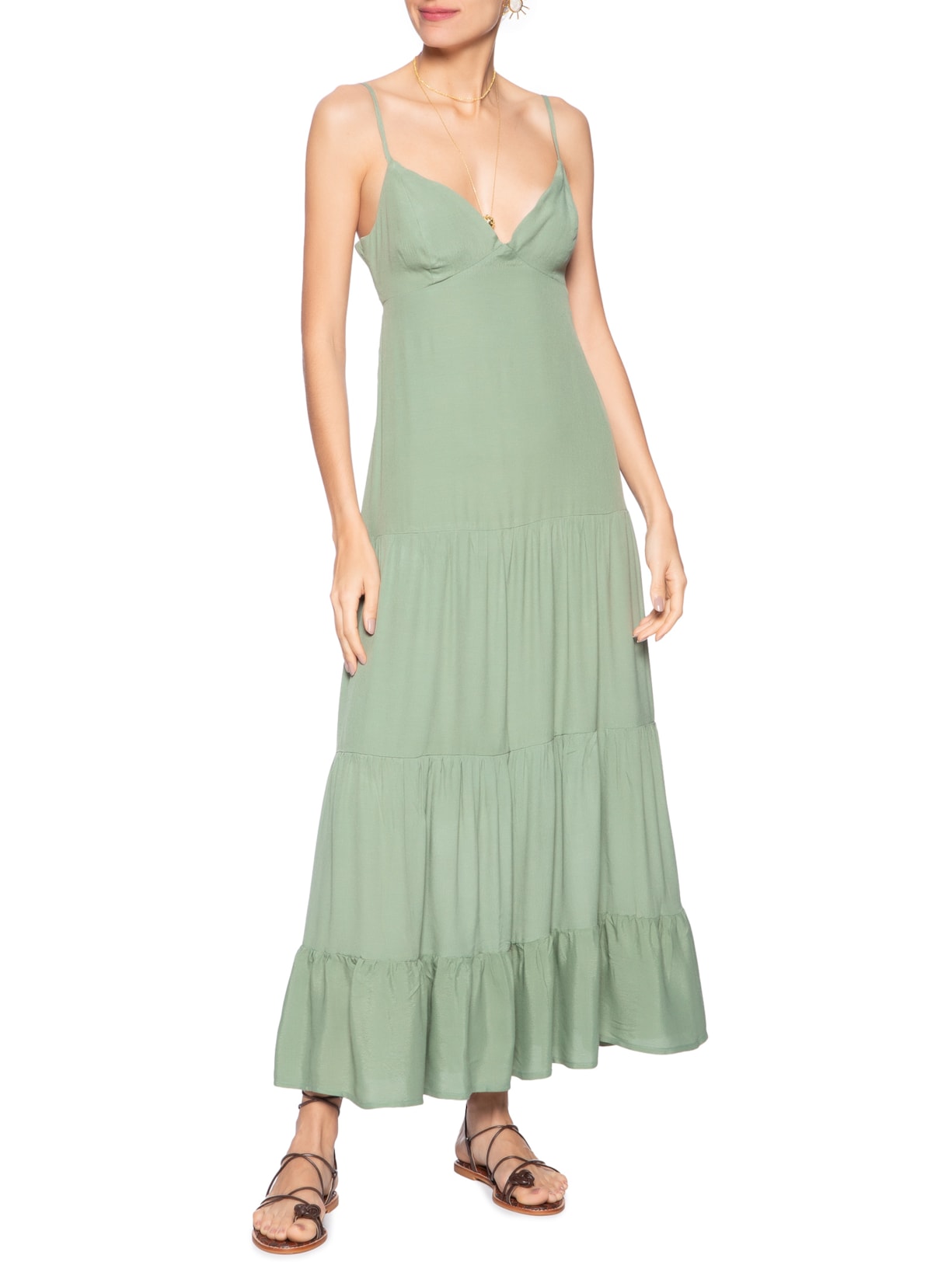 Vestido Longo Recortes Verde Maria Filó