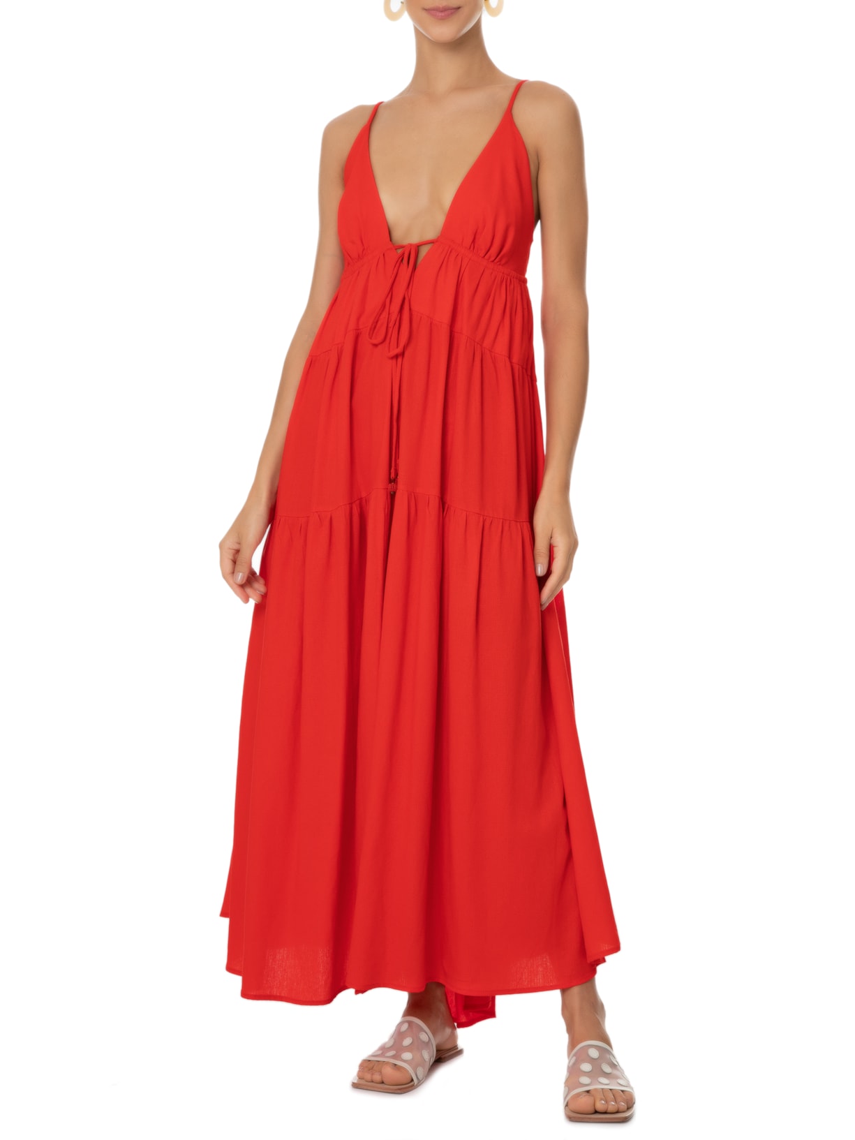 Vestido Longo Recortes Vermelho Farm