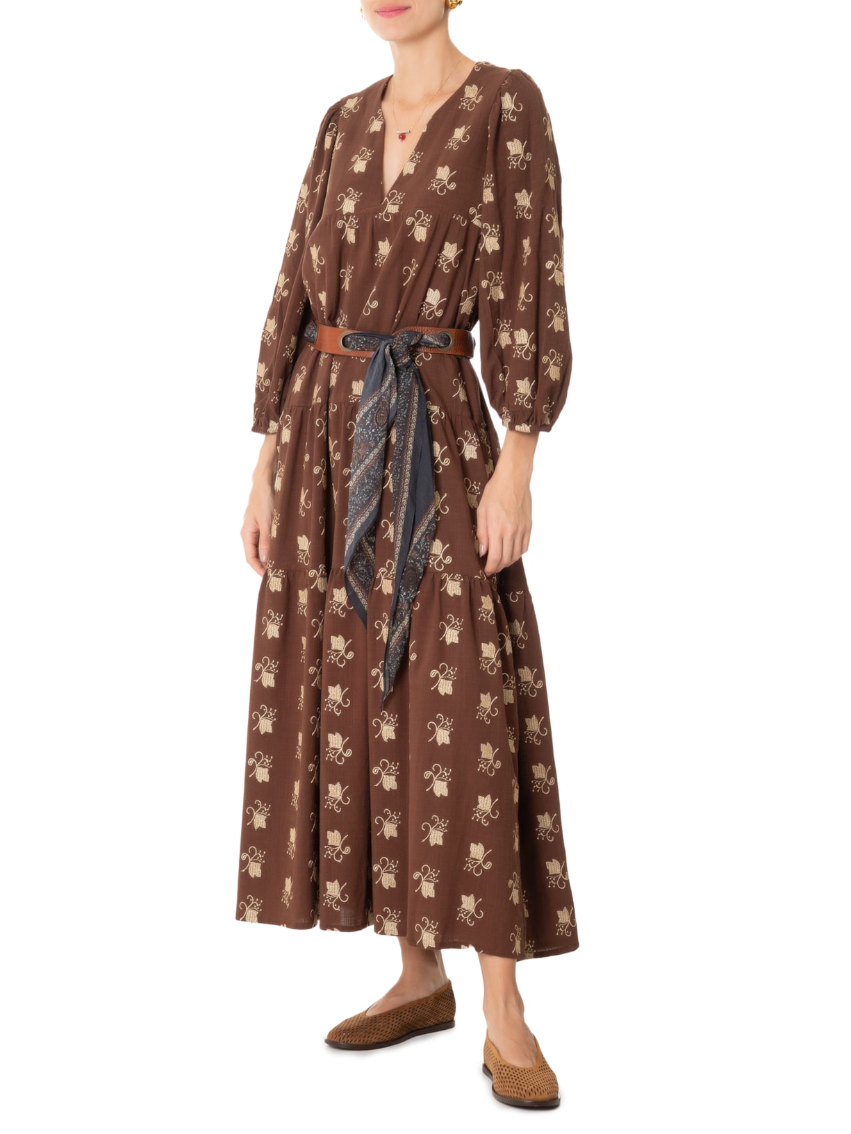 Maria Filó Vestido Longo Rolote Bordado Azaléia Marrom