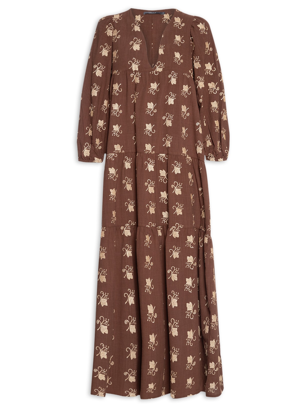 Vestido Longo Rolote Bordado Azaléia - Marrom