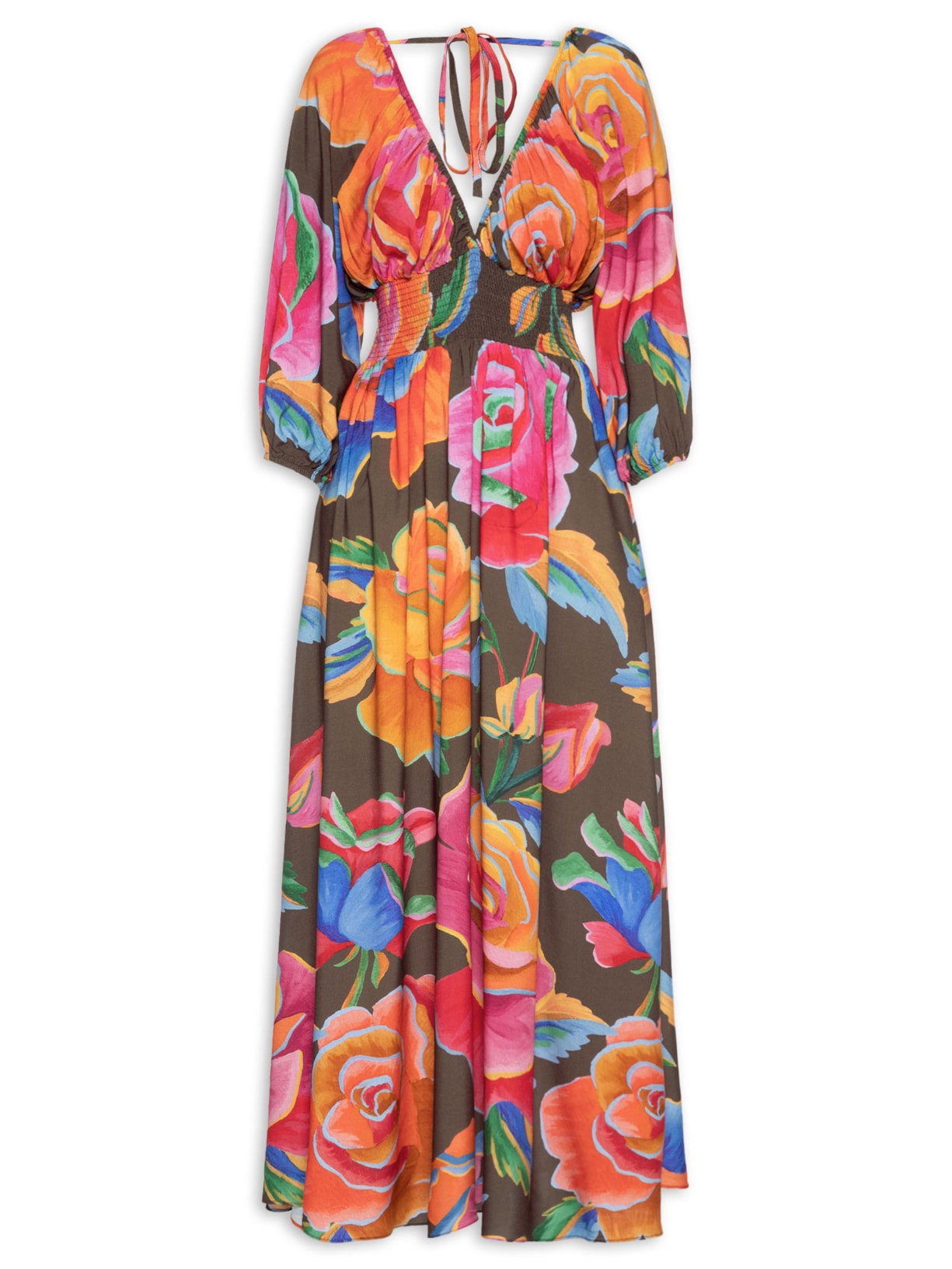 Vestido Longo Rosas Pintadas - Marrom