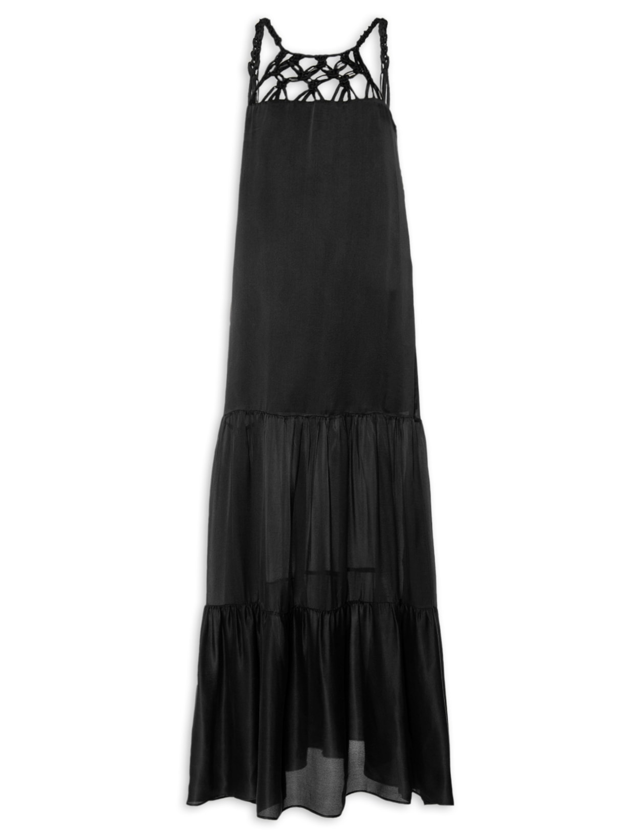 Vestido Longo Seda Pura Macramê Handmade - Preto