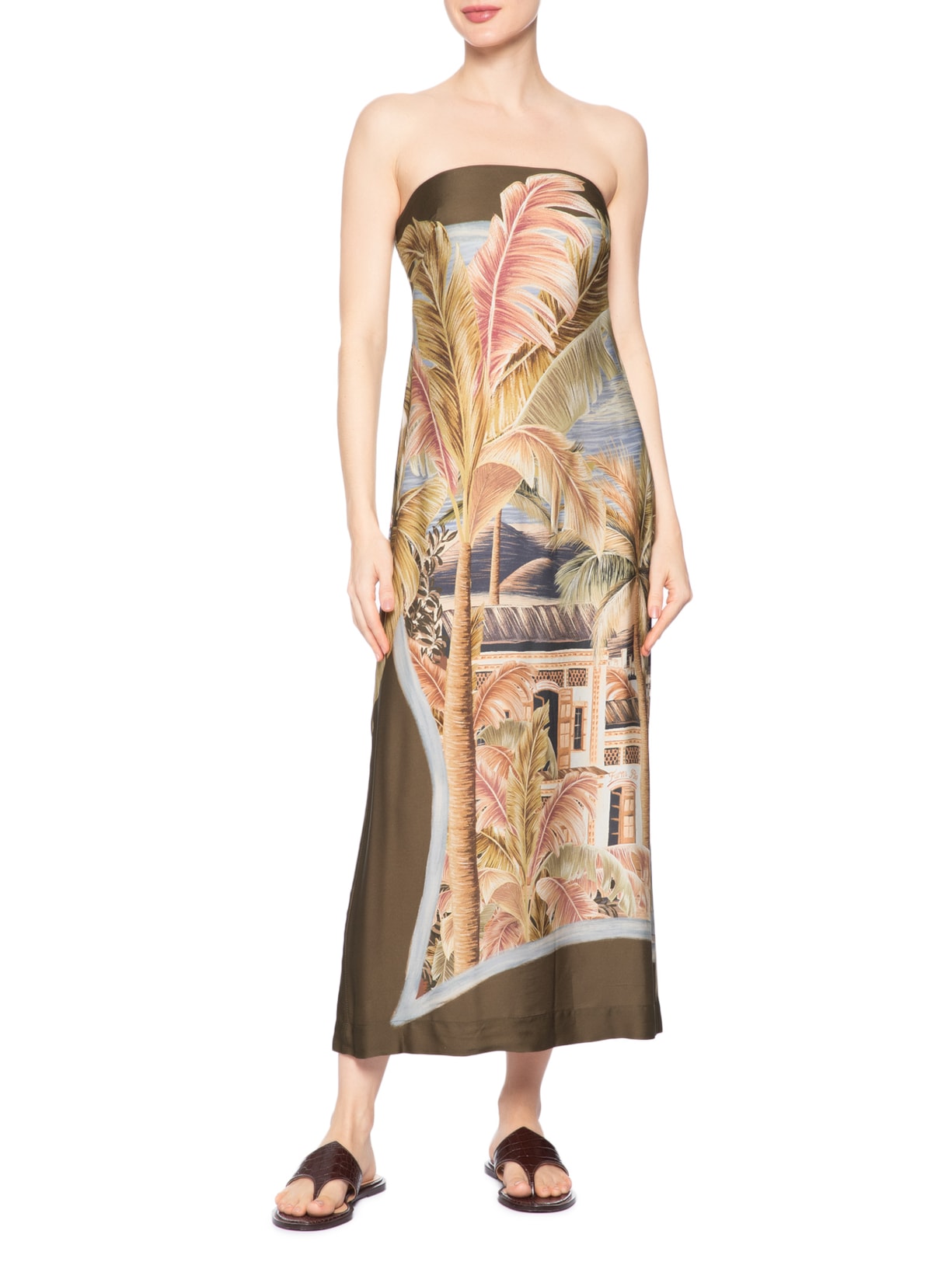 Vestido Longo Sem Alça Lenço Rio Paraíso Marrom Farm