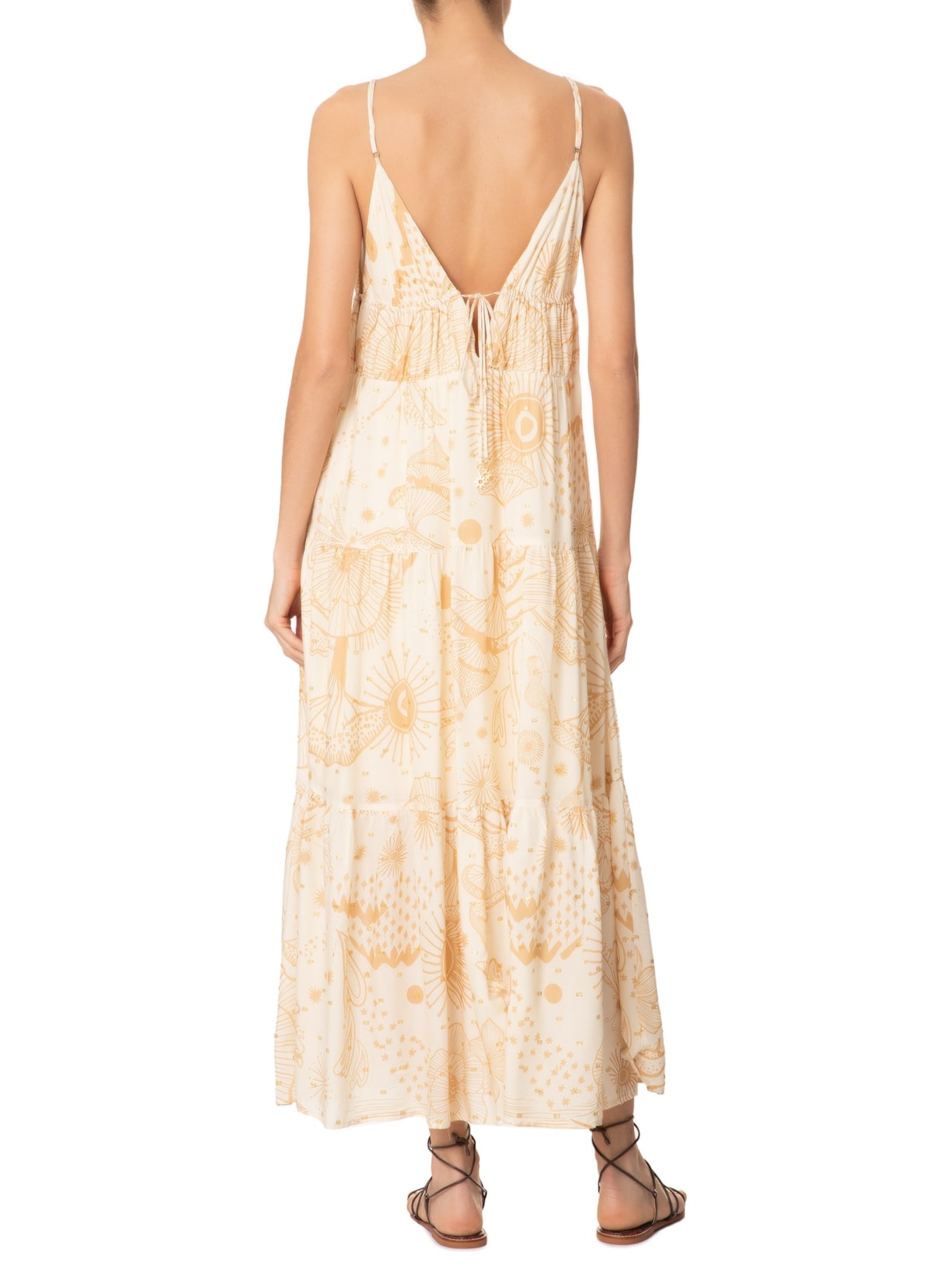 Vestido Longo Sem Manga Jardim Místico Bege Farm