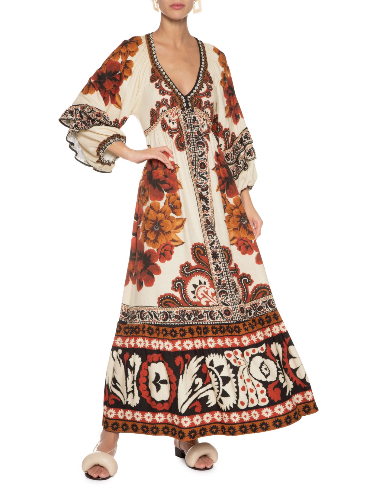 Vestido Longo Tapete De Flor Bege Farm
