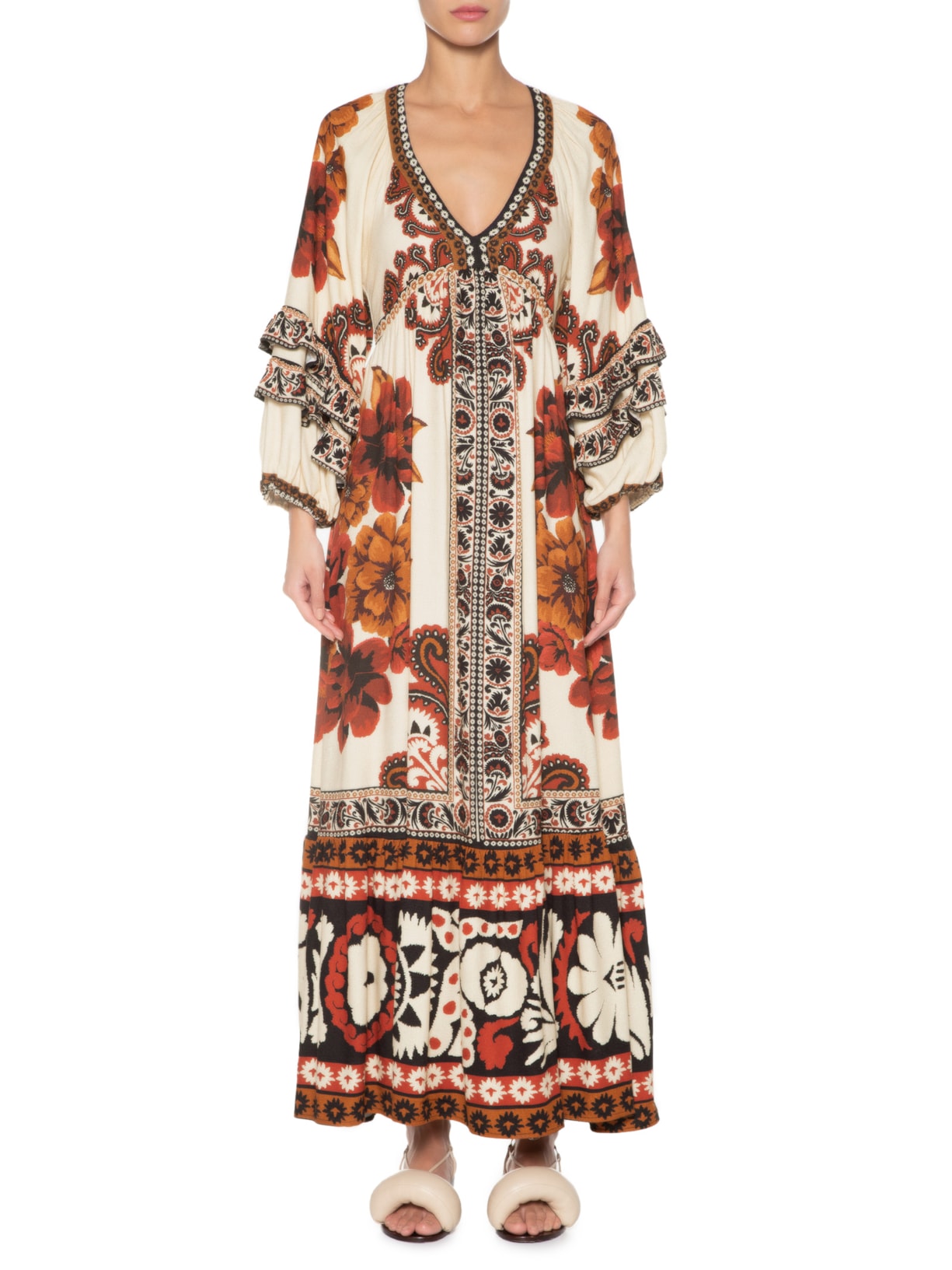 Vestido Longo Tapete De Flor Bege Farm