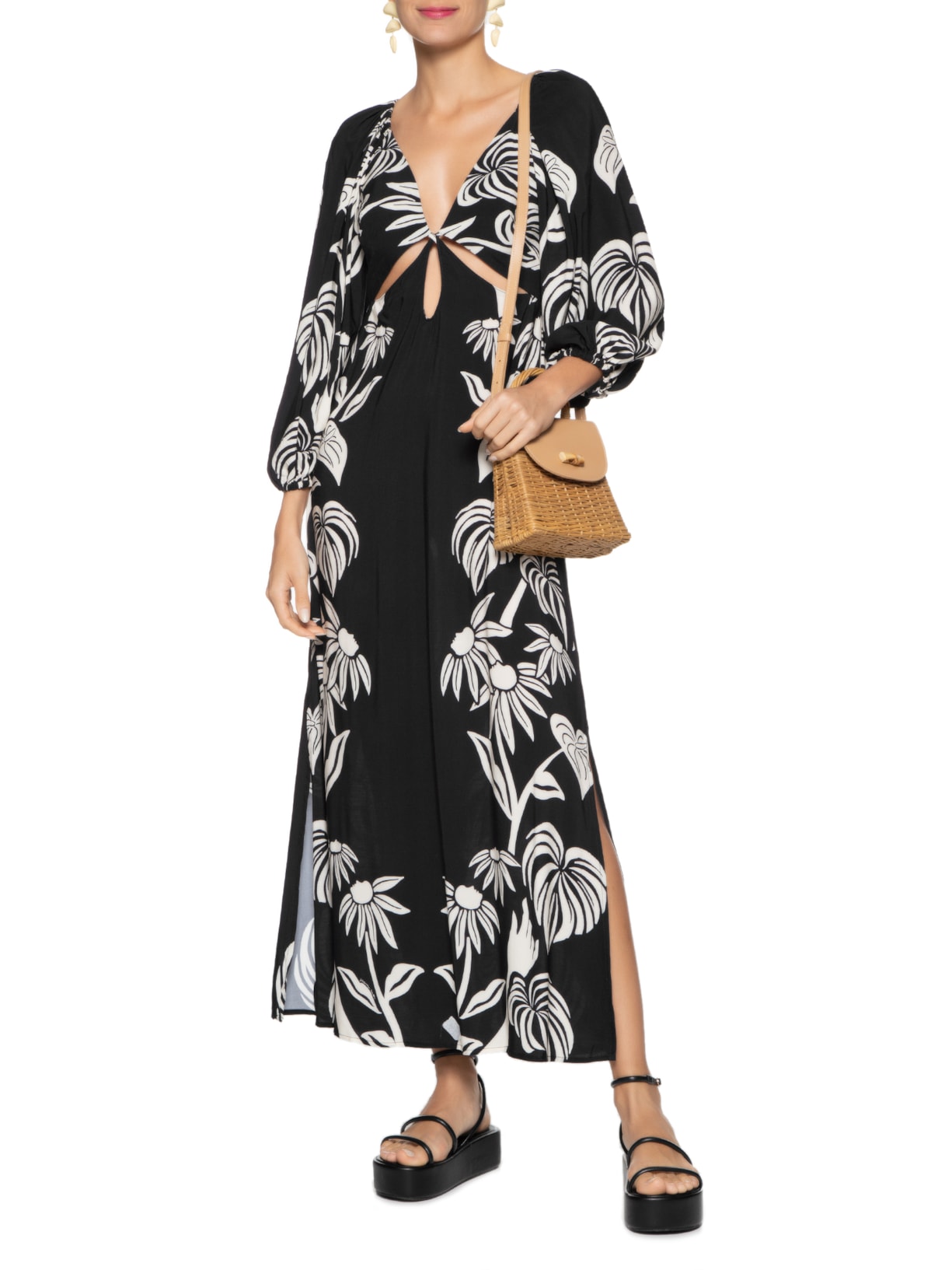 Vestido Longo Tropical Surreal Preto Farm