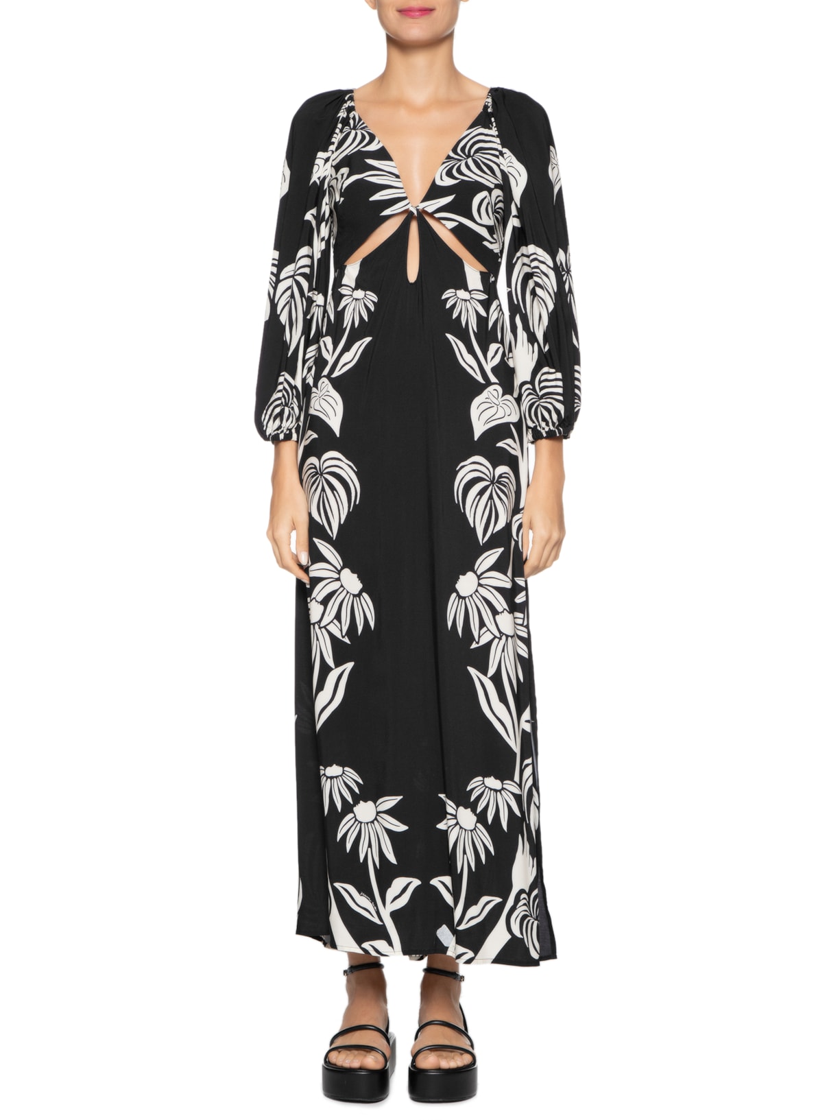 Vestido Longo Tropical Surreal Preto Farm