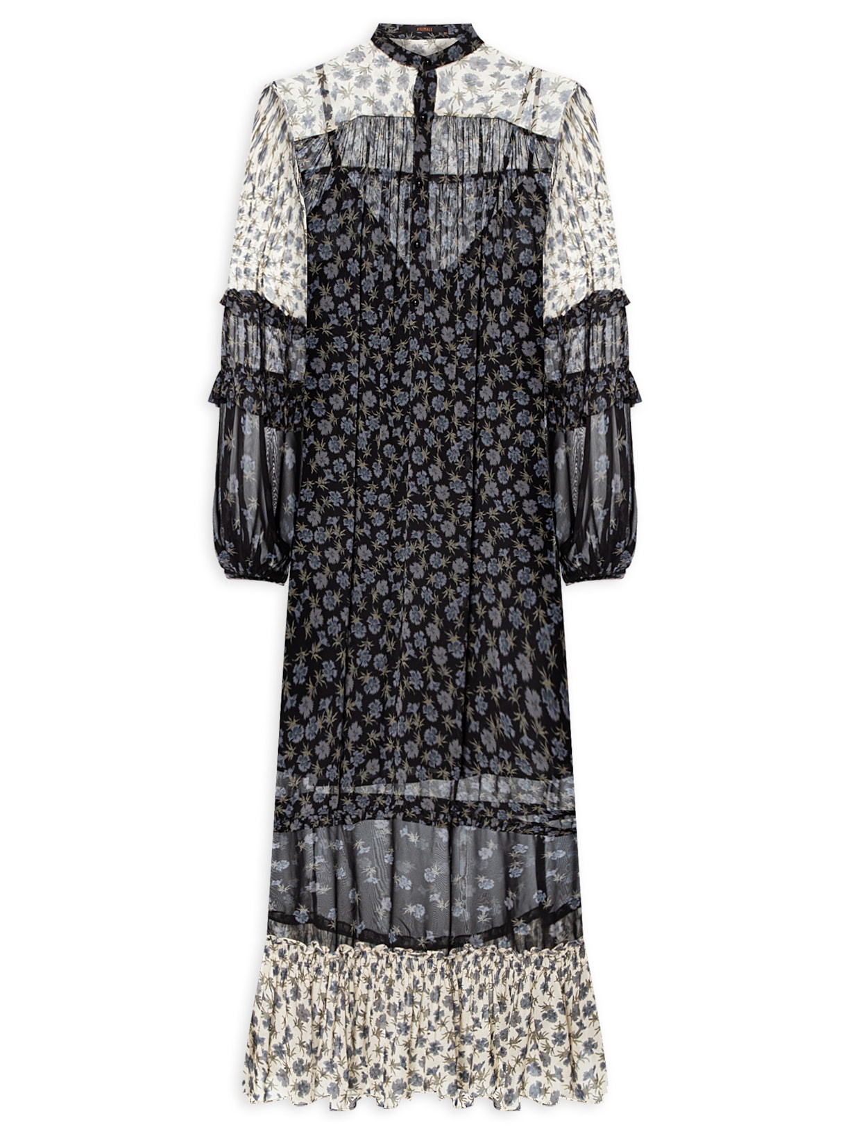 Vestido Longuete Babados Floral Seco - Preto