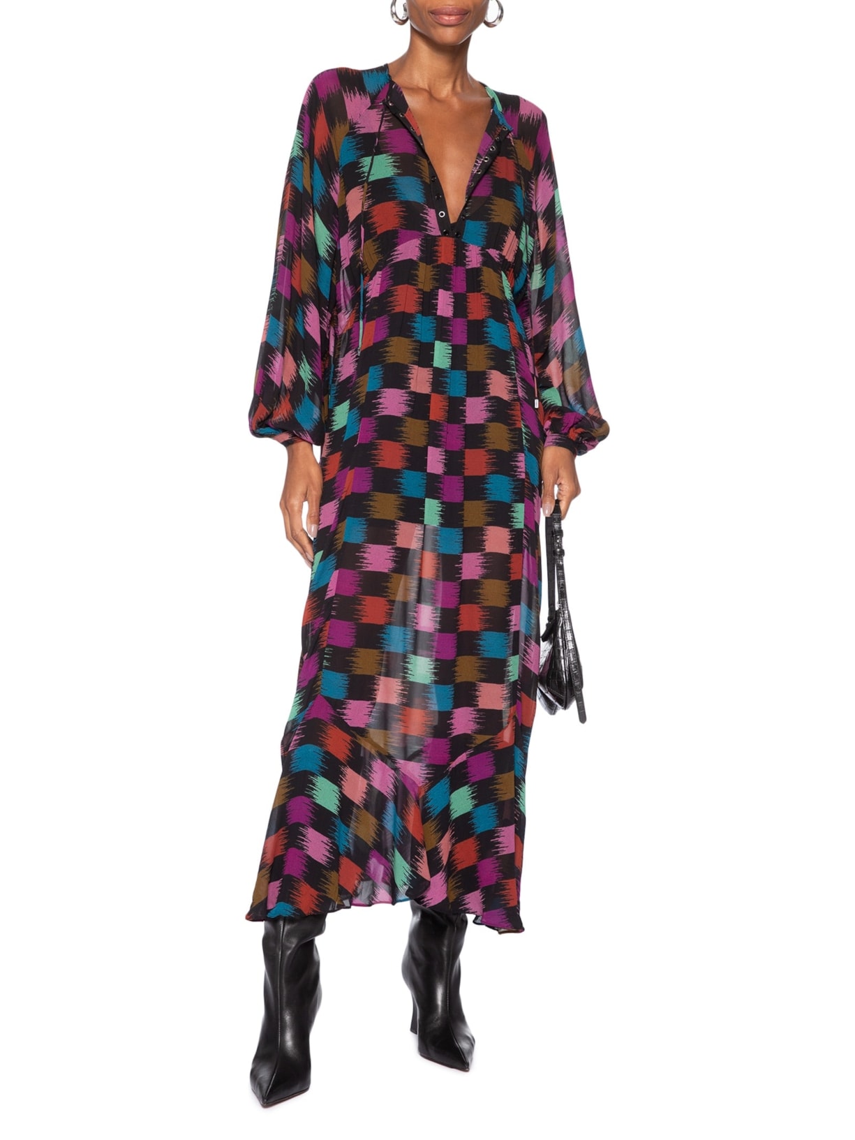 Vestido Longuete Ilhós Xadrez Whisky Col Preto Animale