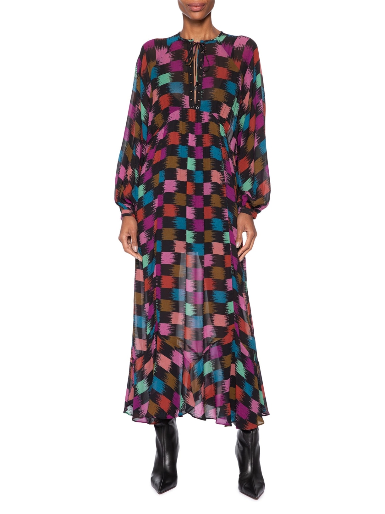 Vestido Longuete Ilhós Xadrez Whisky Col Preto Animale