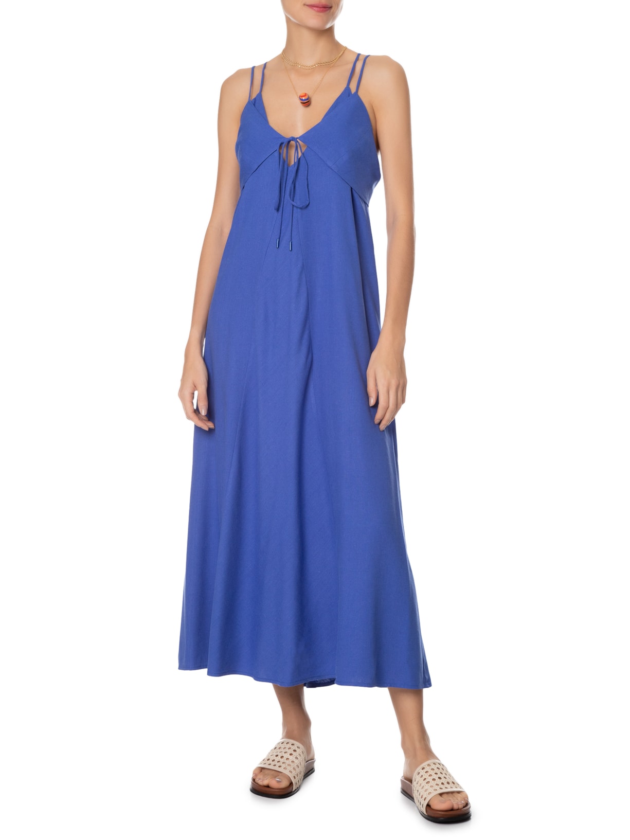 Vestido Longuete Linho Sobreposição Azul Dress To