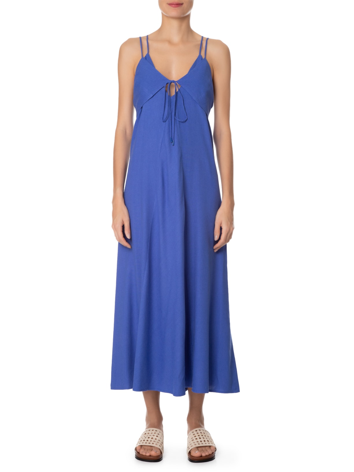 Vestido Longuete Linho Sobreposição Azul Dress To