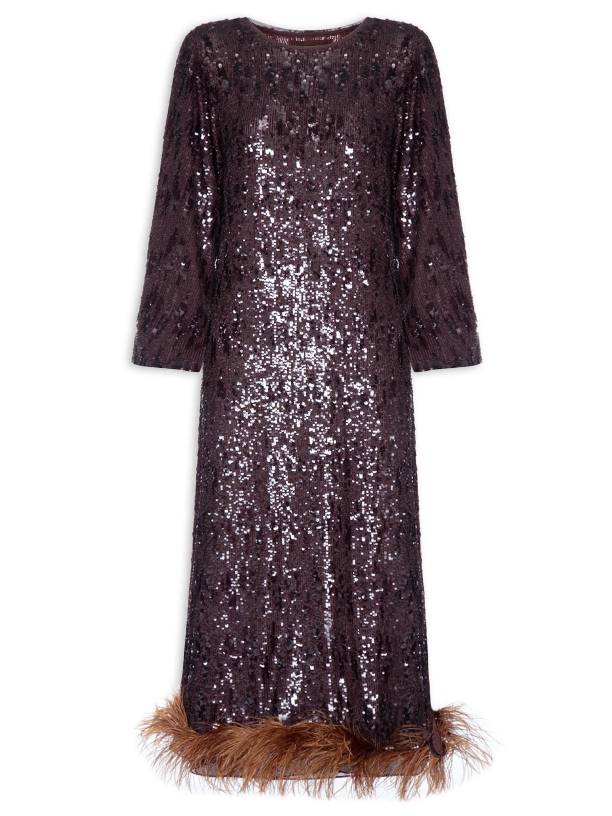 Vestido Longuete Paetê Plumas - Marrom