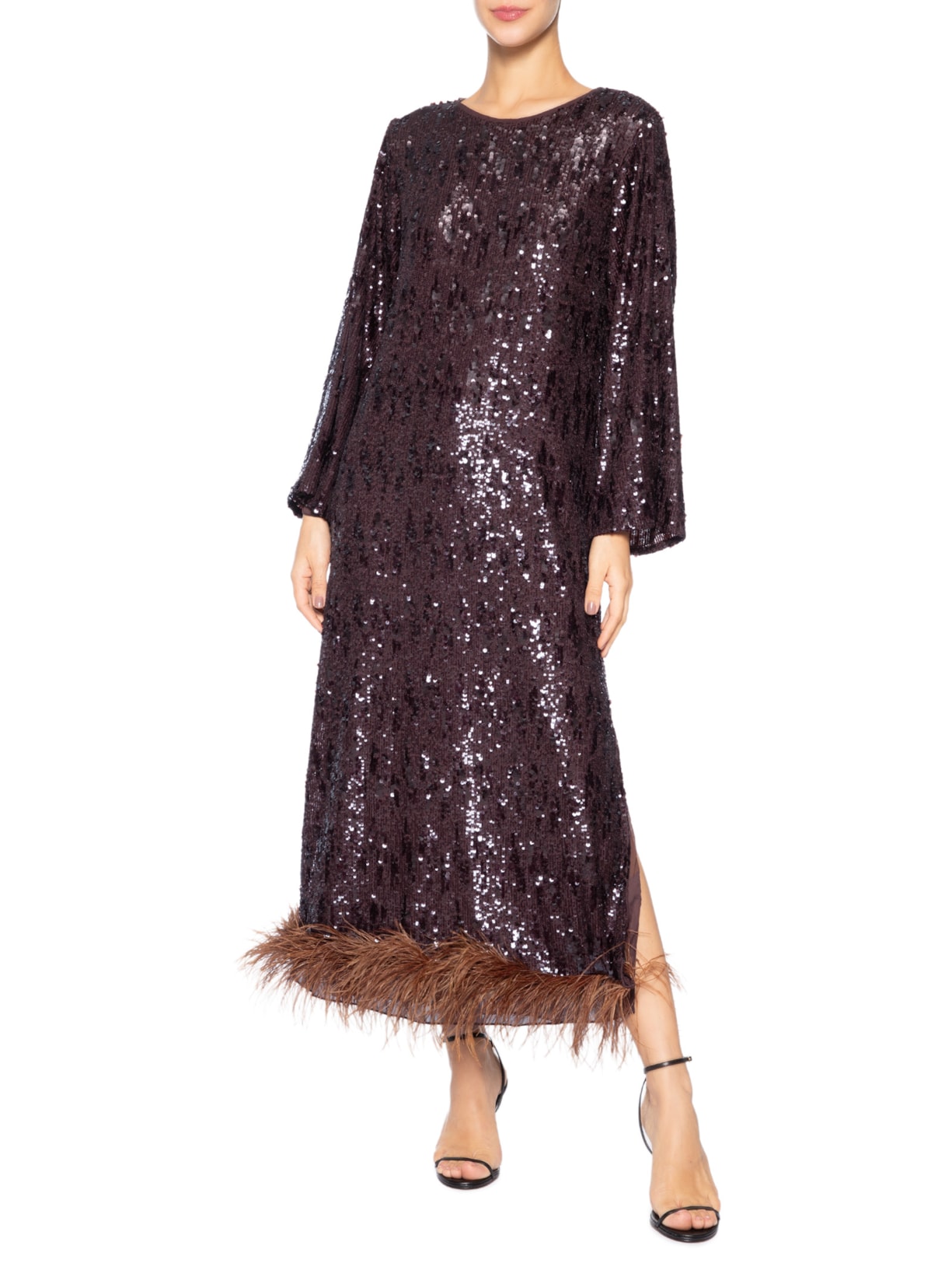 Vestido Longuete Paetê Plumas Marrom Marina Bitu
