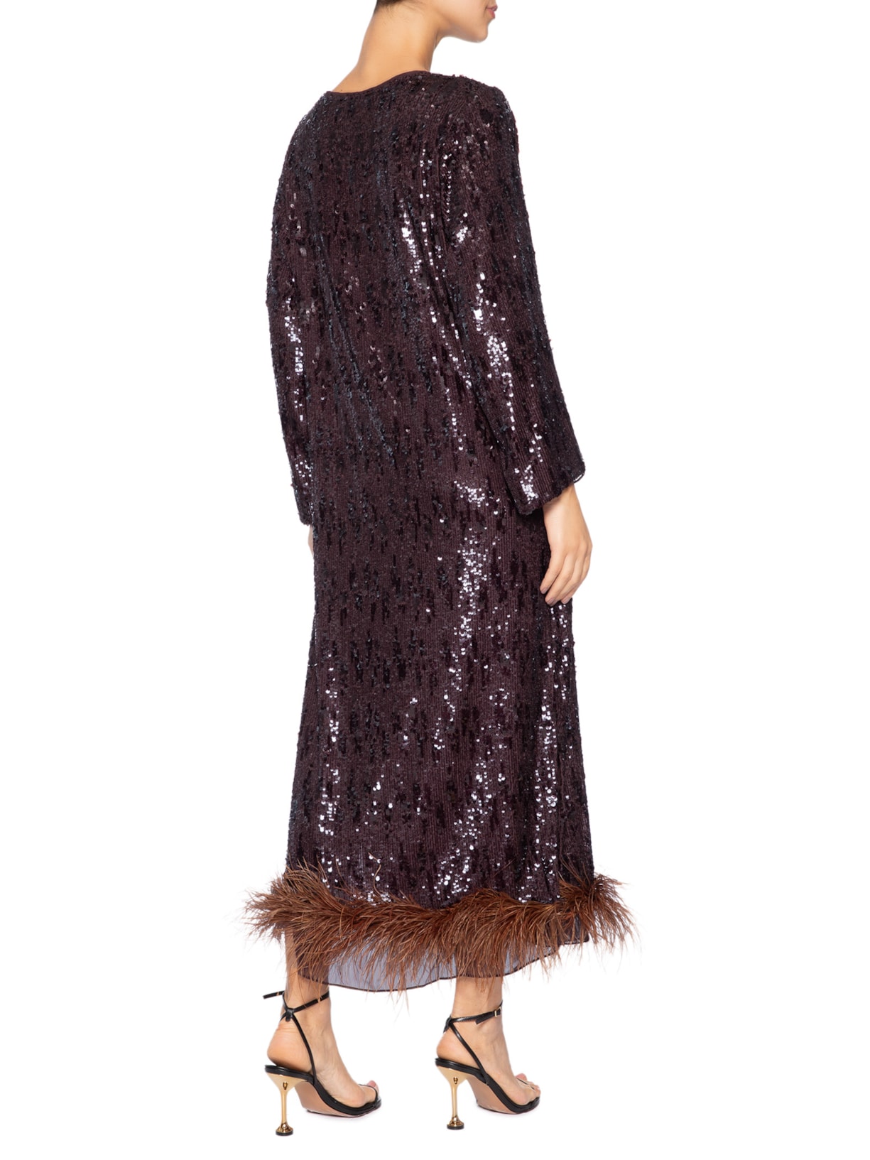 Vestido Longuete Paetê Plumas Marrom Marina Bitu