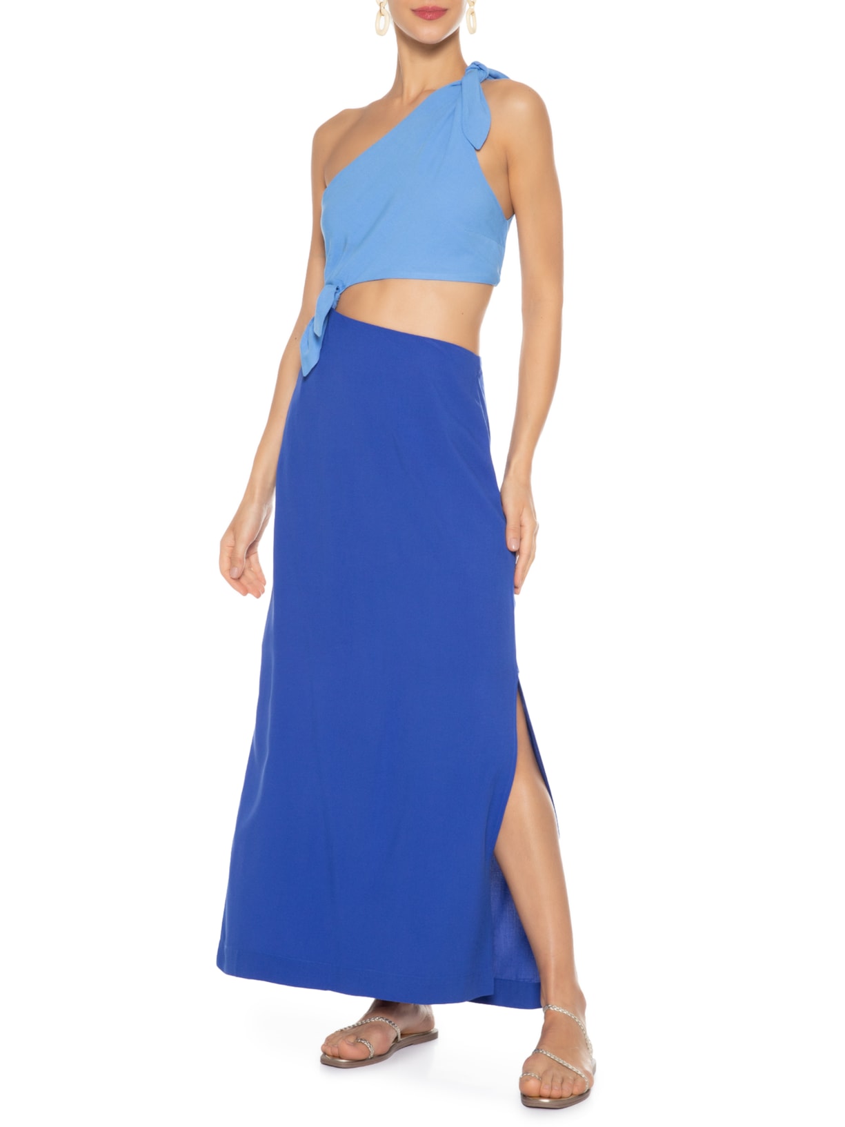 Vestido Longuete Um Ombro Só Bicolor Azul Dress To