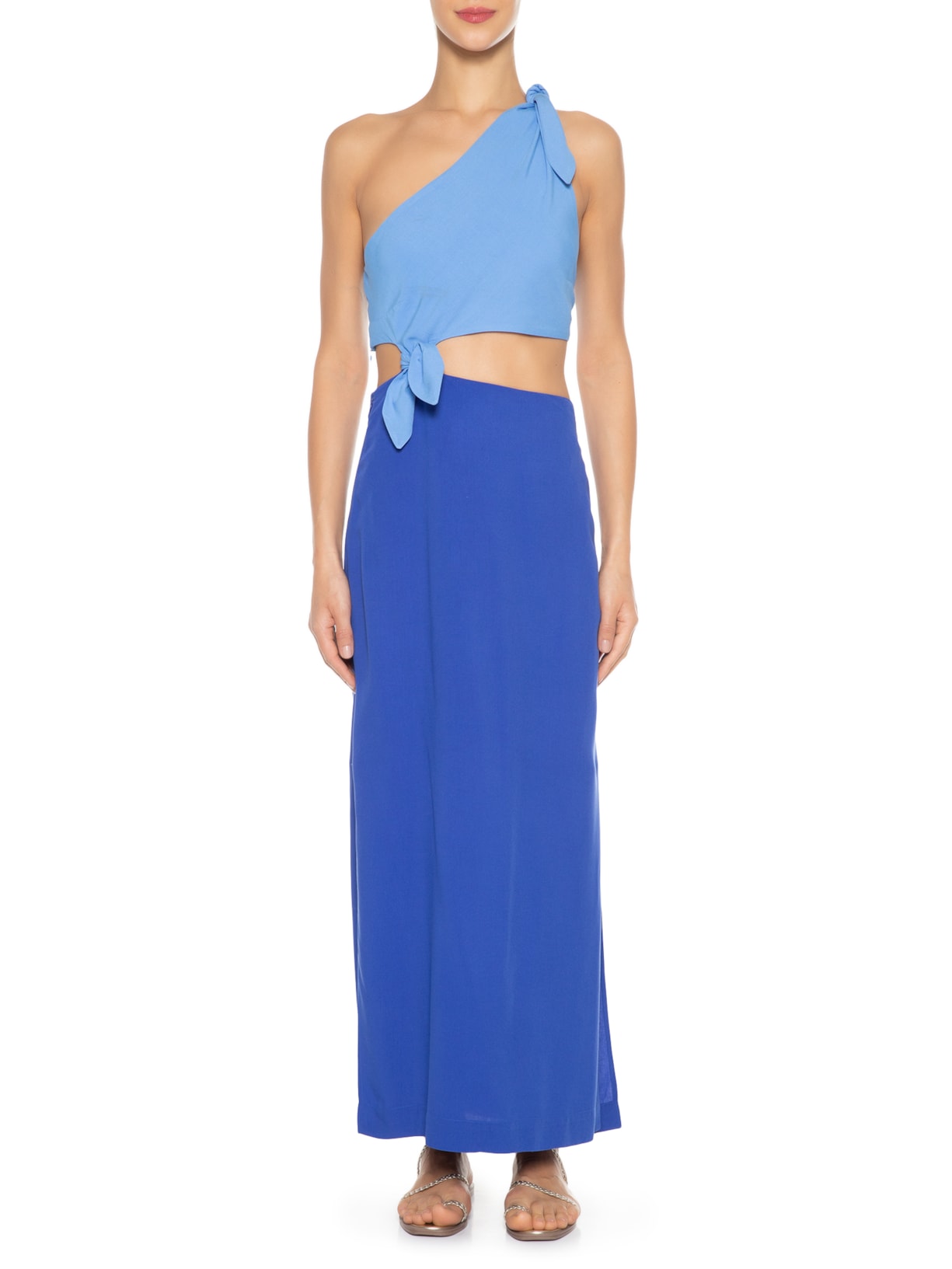 Vestido Longuete Um Ombro Só Bicolor Azul Dress To