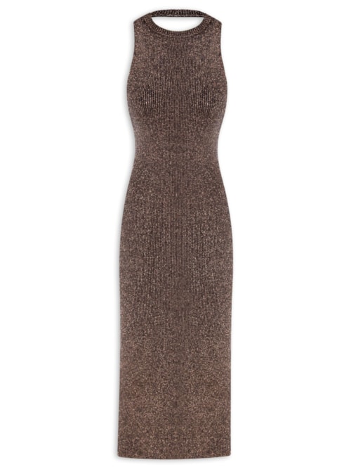 Vestido Lurex Decote Costas Tricot - Marrom