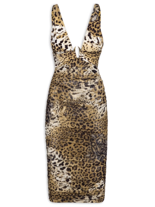 Vestido Lycra Fivela Com Decote Drapeado - Animal Print